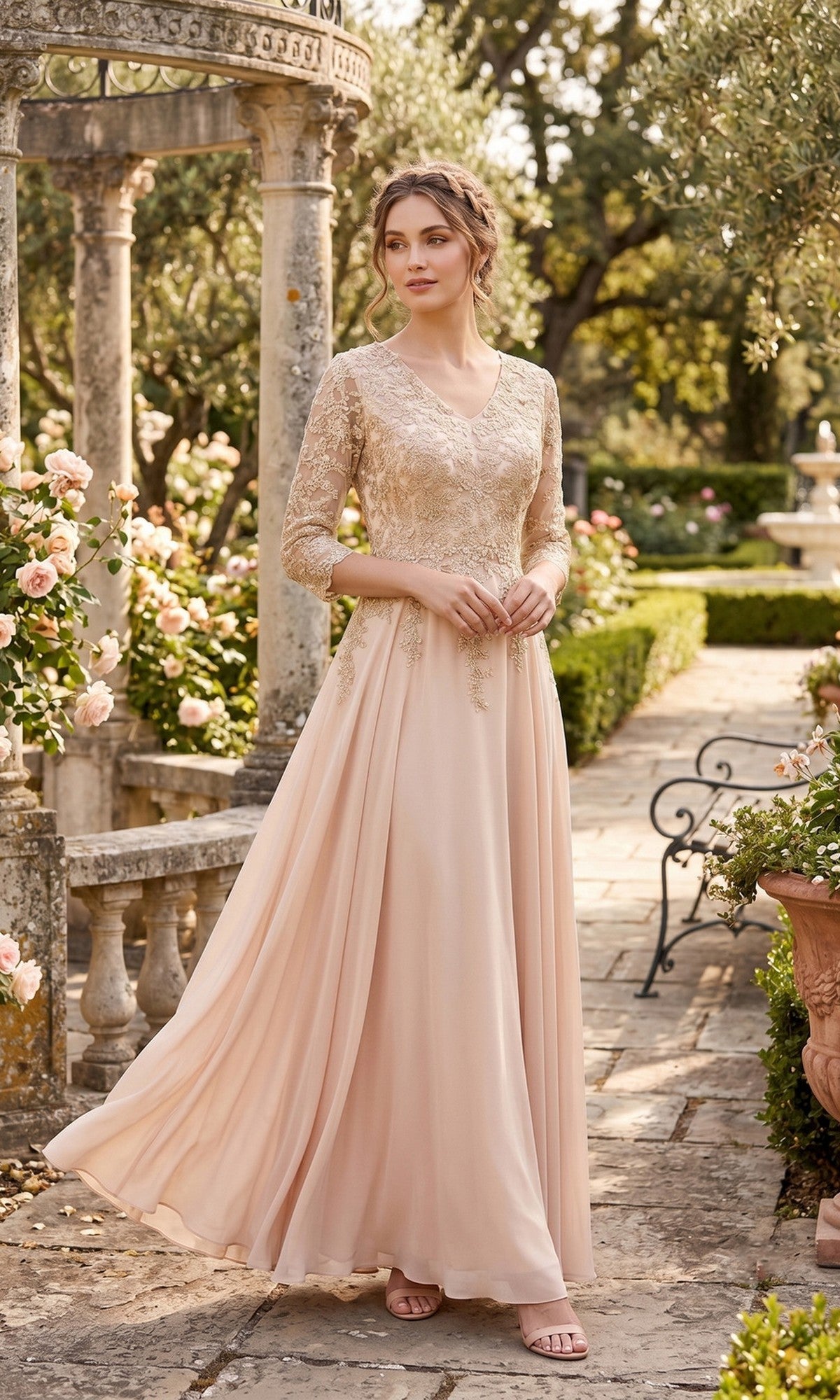 A woman stands in a garden filled with roses, stone structures, and greenery, wearing the Long Prom Dress: Chicas J070 in champagne.