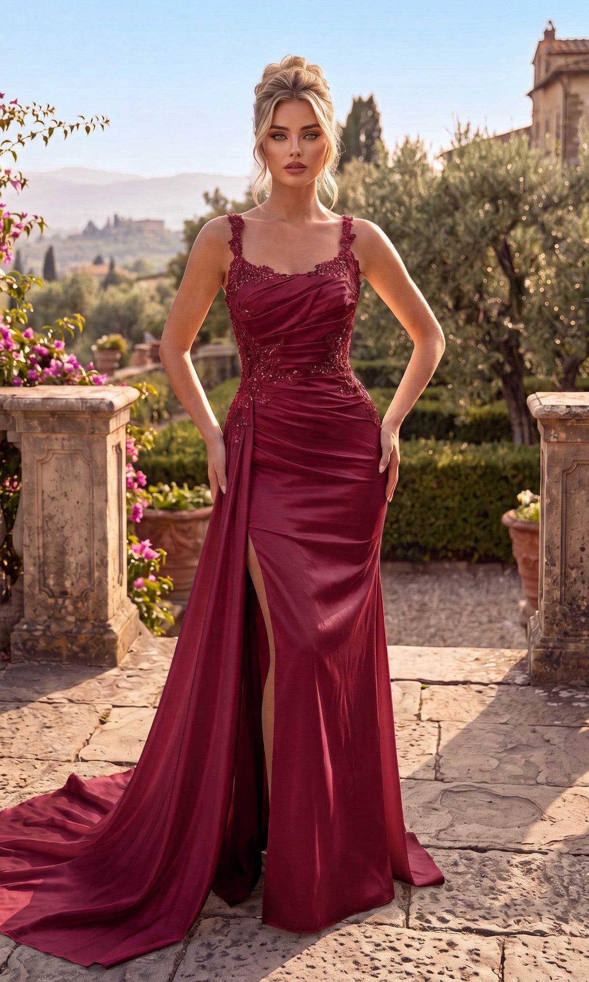 A woman stands outdoors on a stone terrace surrounded by greenery and flowers, wearing the Chicas J090 Long Prom Dress in burgundy—a sleeveless formal gown featuring an embellished bodice and a thigh-high slit.