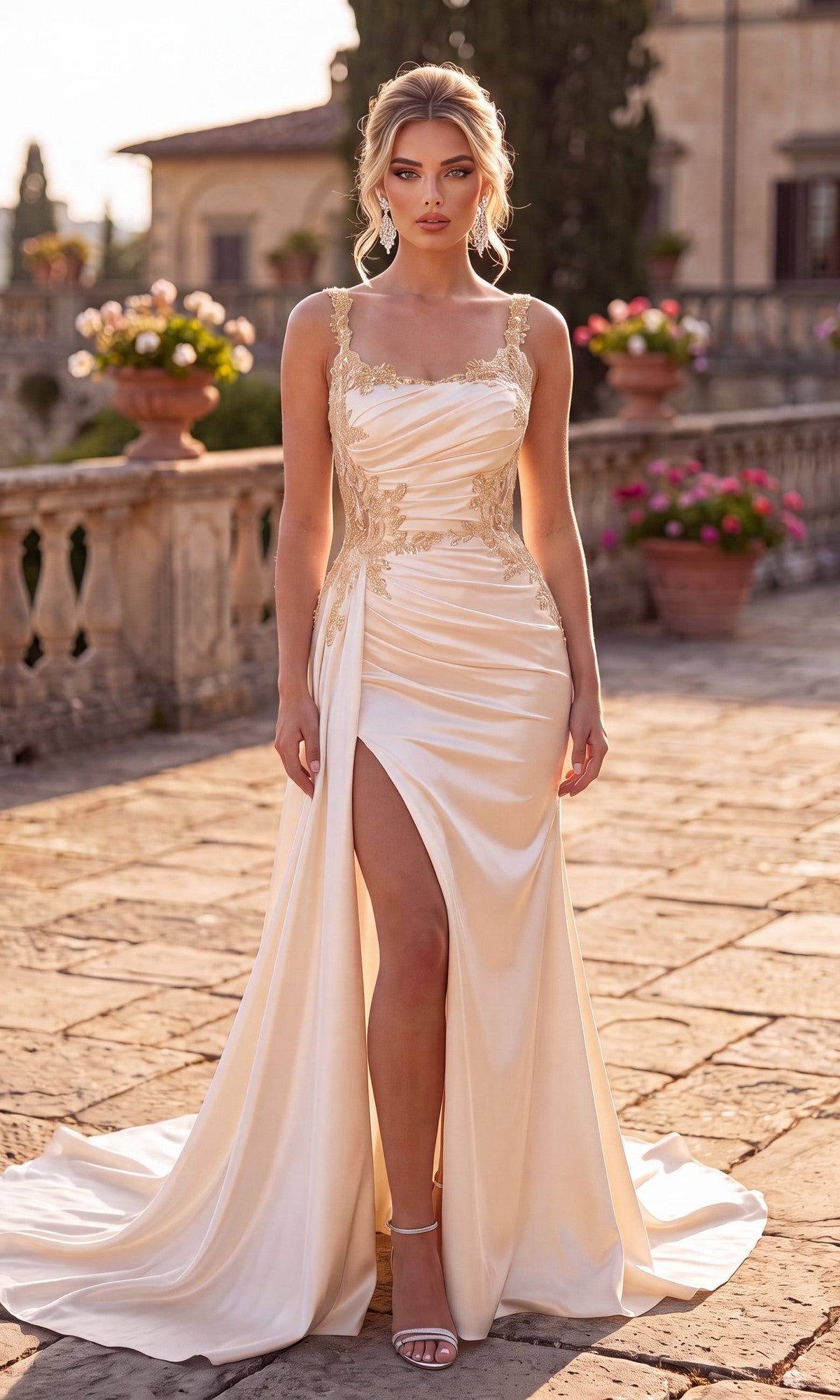 A woman wearing the elegant Chicas J092 long prom dress in champagne, featuring gold floral embroidery and a high leg slit, stands outdoors on a stone terrace adorned with potted flowers and historic buildings in the background.