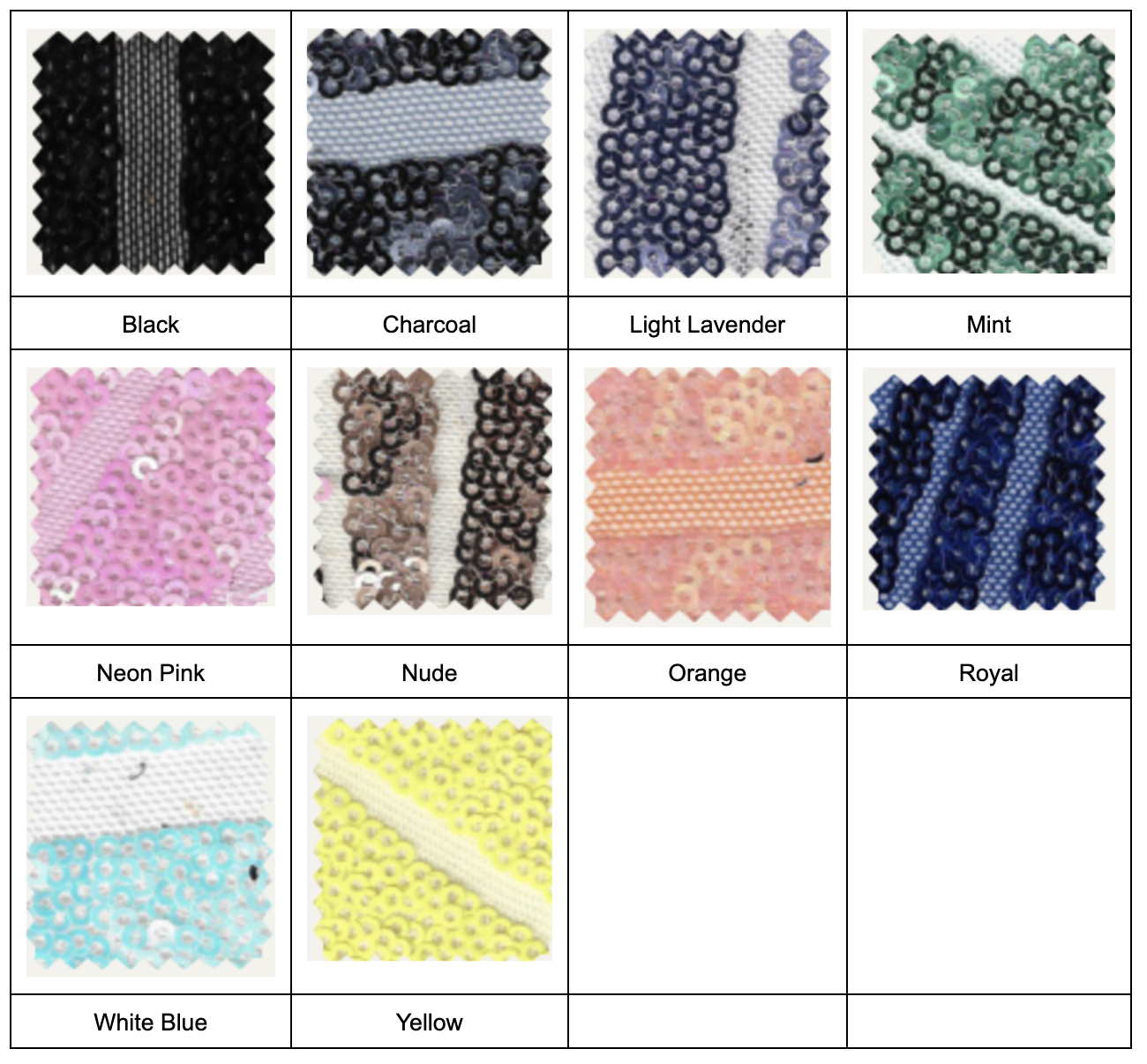 Explore a grid of sequin fabric swatches in Black, Charcoal, Mint, Neon Pink, and more—ideal for designing your Jessica Angel 2756 Long Prom Dress with an open back or plunging v-neckline.