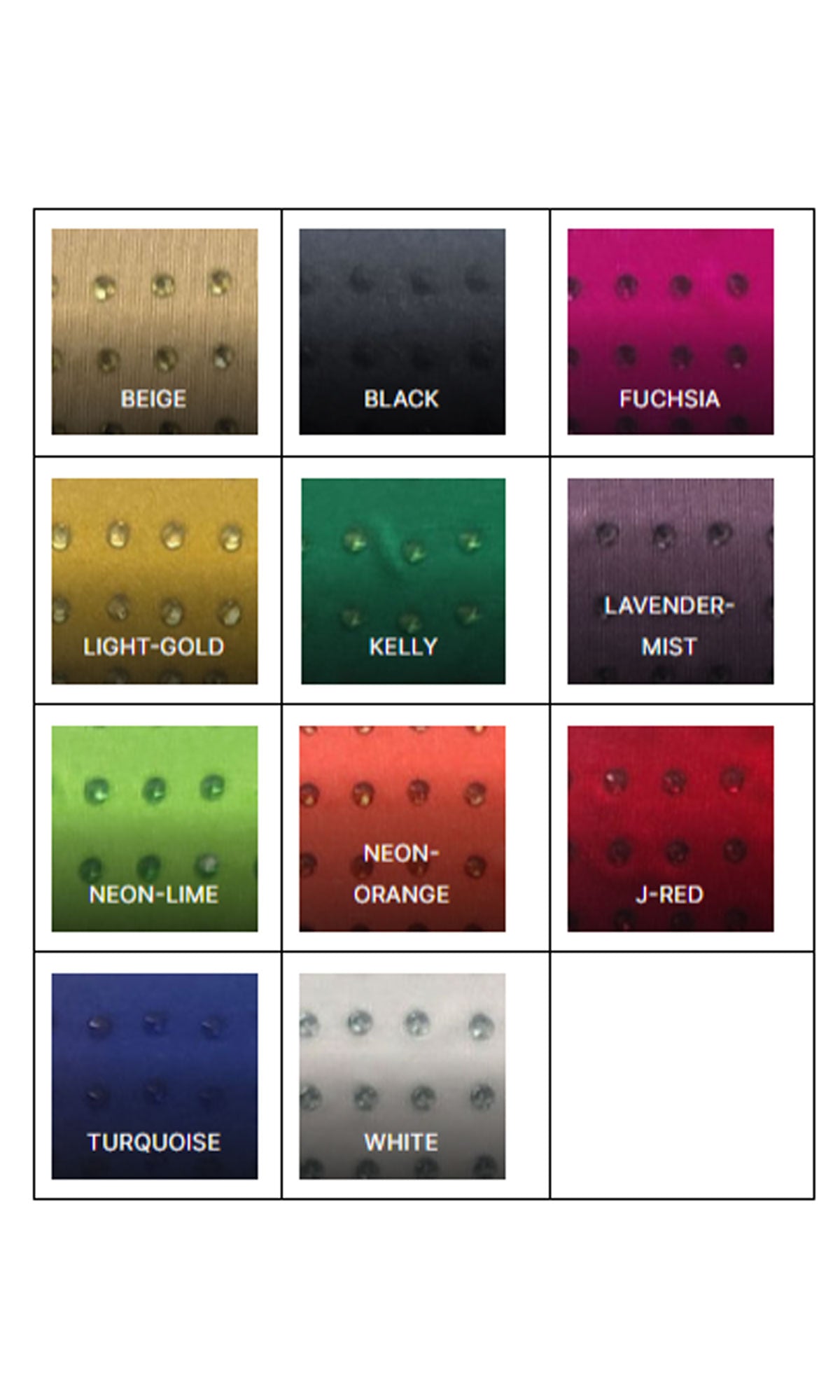Explore a grid of vibrant fabric swatches—like beige, black, fuchsia, light-gold, and kelly—ideal for crafting your dream Beaded Strapless Hoco Dress: Jessica Angel 2482 or any chic cocktail or party look.