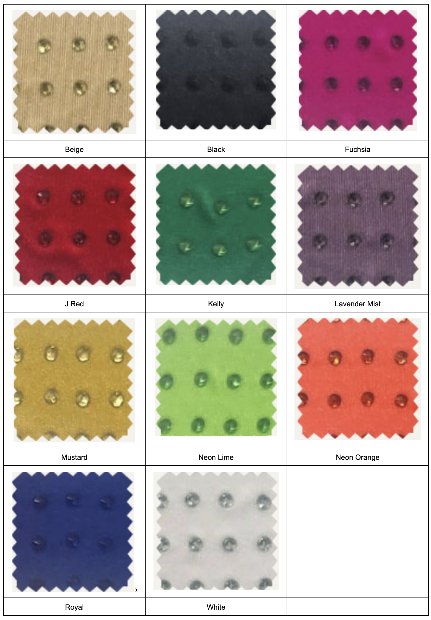 Eleven evenly spaced crystal-embellished jersey fabric swatches for Jessica Angel dresses in shades like Beige, Black, Fuchsia, J Red, Kelly, Lavender Mist, Mustard, Neon Lime, Neon Orange, Royal, and White.