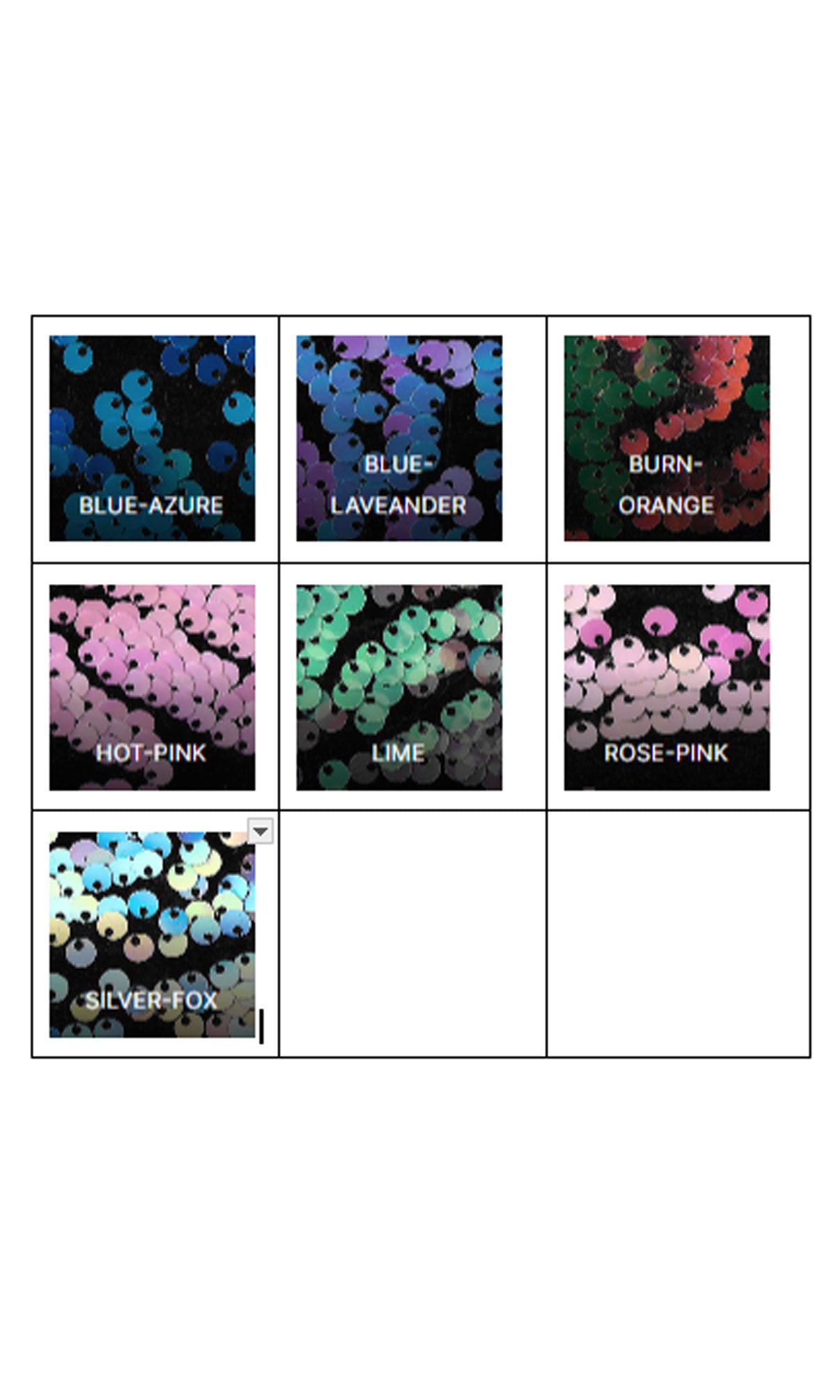A grid displays seven sequin swatches—BLUE-AZURE, BLUE-LAVENDER, BURN-ORANGE, HOT-PINK, LIME, ROSE-PINK, and SILVER-FOX—for the Sequin-Print Long Prom Dress: Jessica Angel 2491 or an off-the-shoulder formal dress.