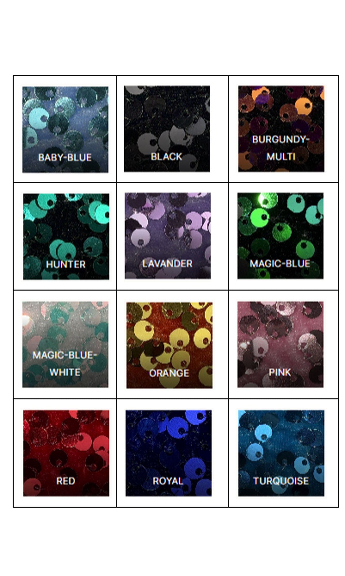 Grid of 12 colored sequin swatches—Baby-Blue, Black, Burgundy Multi, Hunter, Lavander, Magic-Blue, Magic-Blue White, Orange, Pink, Red, Royal, Turquoise—for your Big Bow Long Sequin Prom Dress: Jessica Angel 2393.