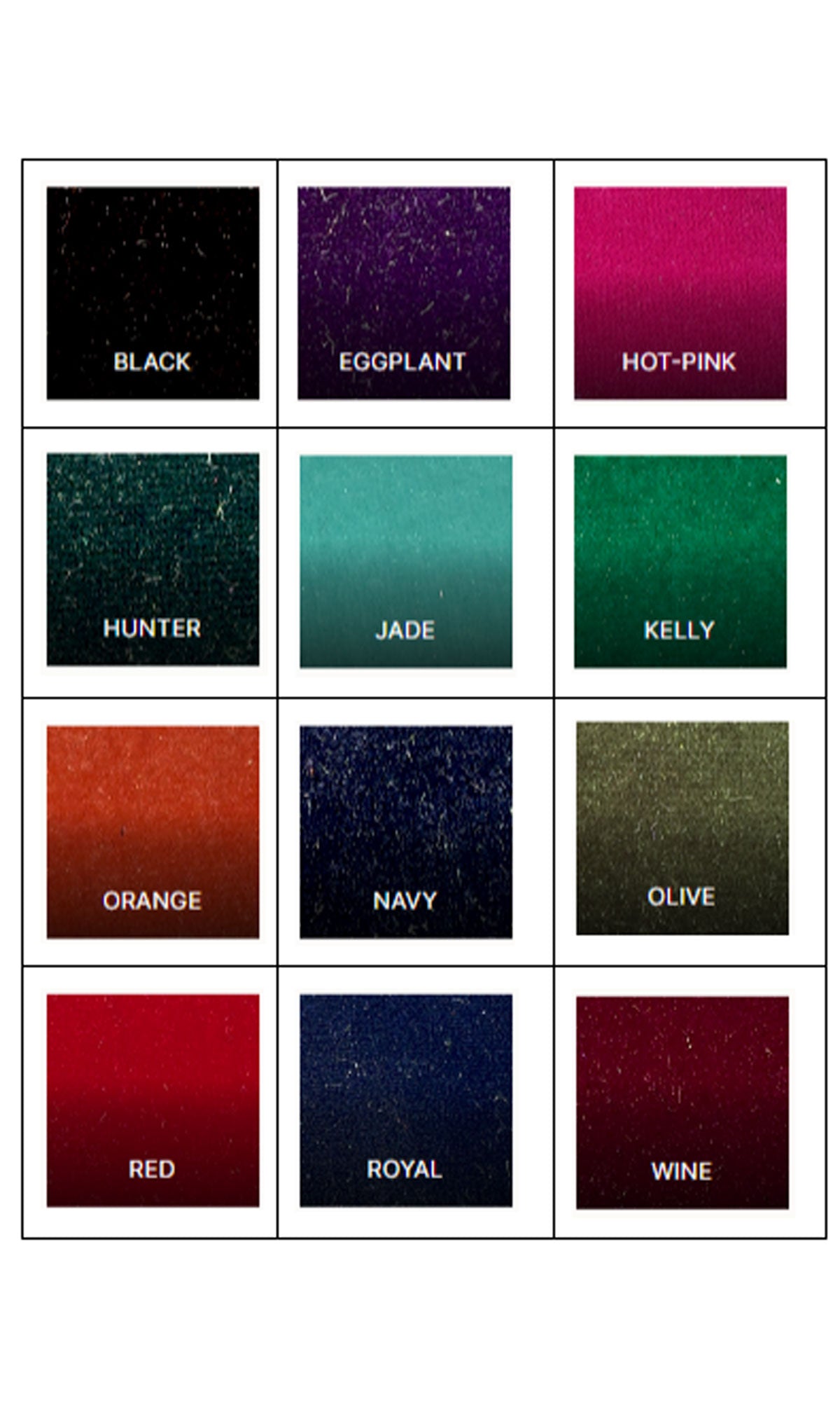 A grid of twelve colors—Black, Eggplant, Hot-Pink, Hunter, Jade, Kelly, Orange, Navy, Olive, Red, Royal, and Wine—ideal for the Tight Long Velvet Prom Dress: Jessica Angel DL108.