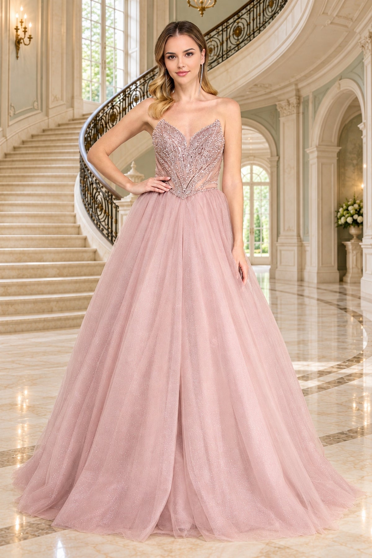 The Amelia Couture JQ1104 strapless prom ball gown in dusty rose features a sequined corset bodice and a full glitter tulle skirt.