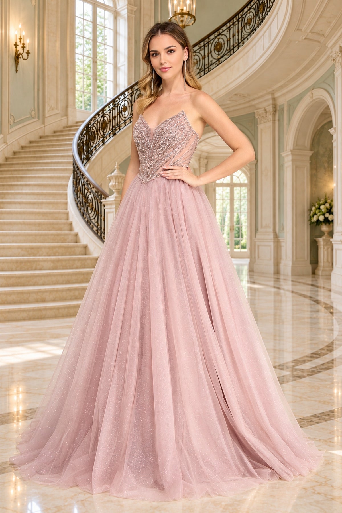The Amelia Couture JQ1104 strapless floor-length ball gown in dusty rose features a beaded corset bodice and a full, glitter tulle skirt.