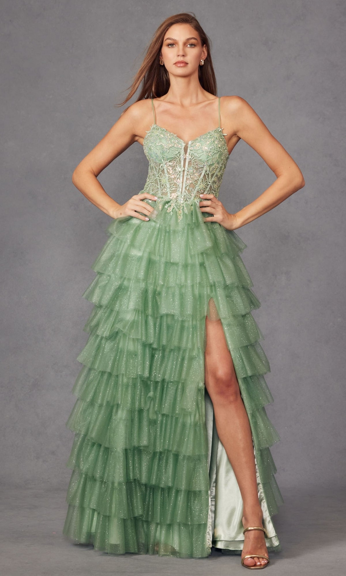 Ruffled Glitter Tulle Prom Dress: Juliet JT2458A