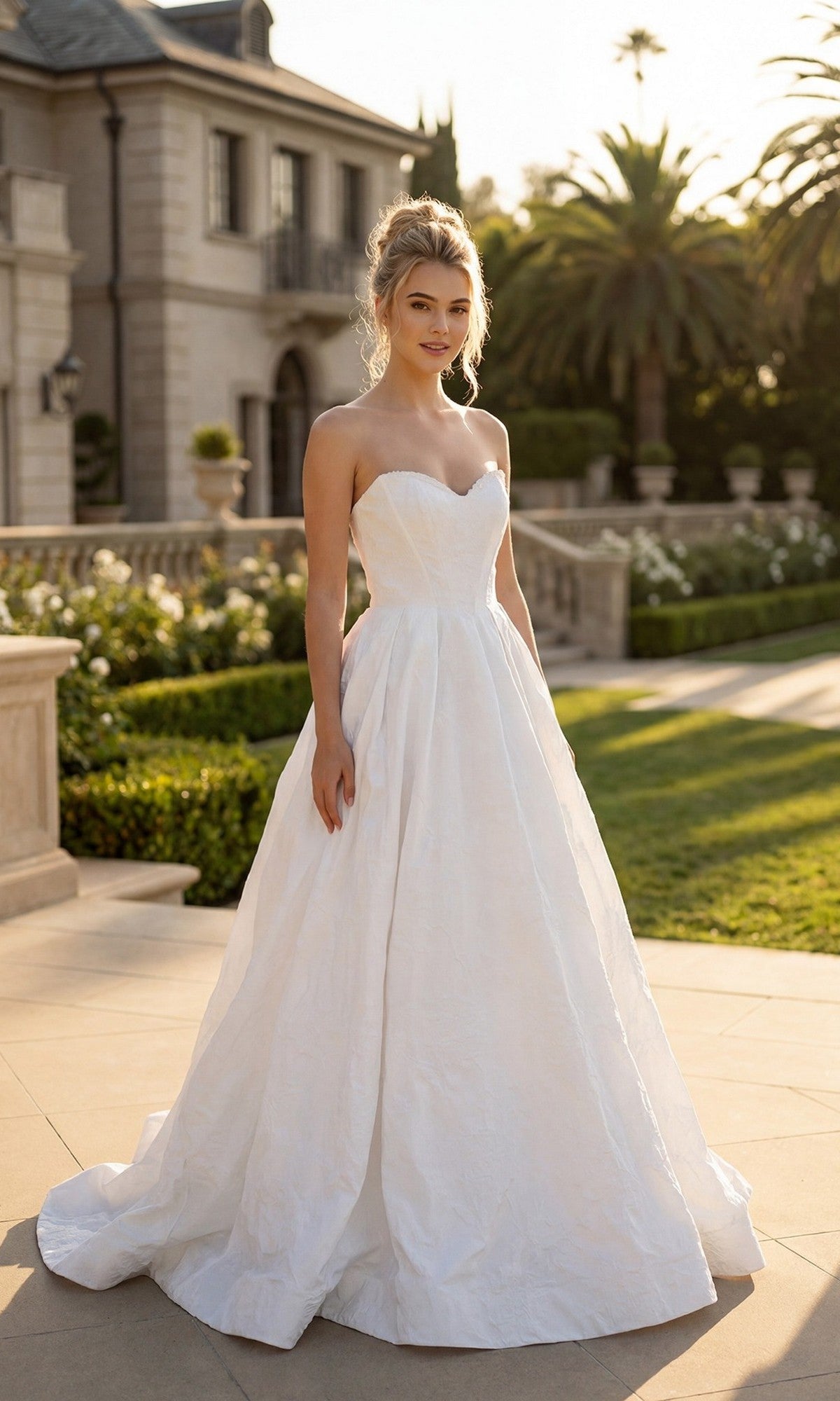 Wearing the Long Formal Dress: Juliet JT2692AW in off white, a woman stands outdoors on a sunny day, with a large house, greenery, and palm trees in the background.