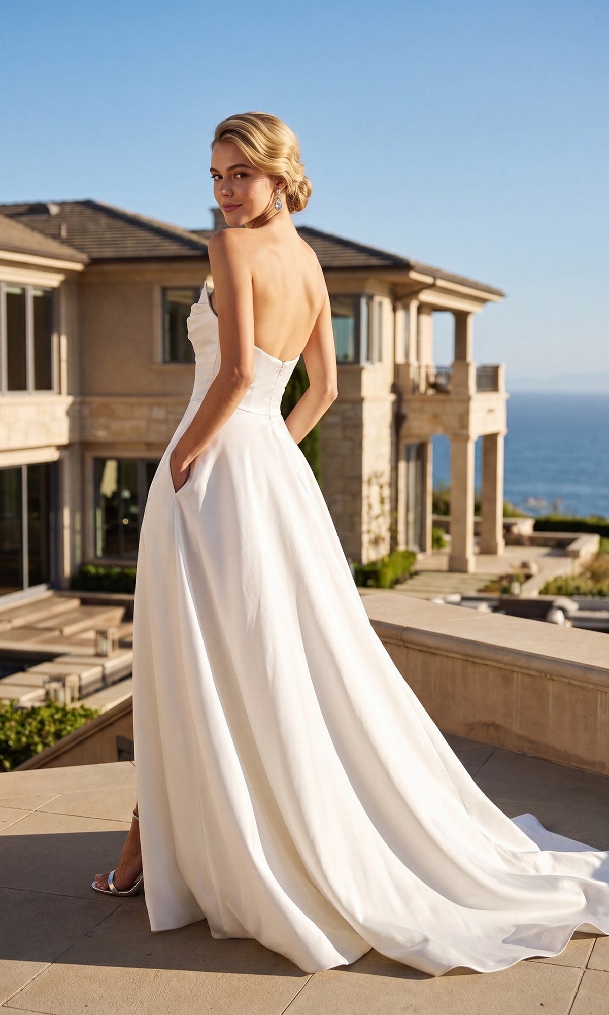 A woman stands on a terrace wearing a Long Formal Dress: Juliet 82885C, a strapless, floor-length off-white A-line gown with pockets.