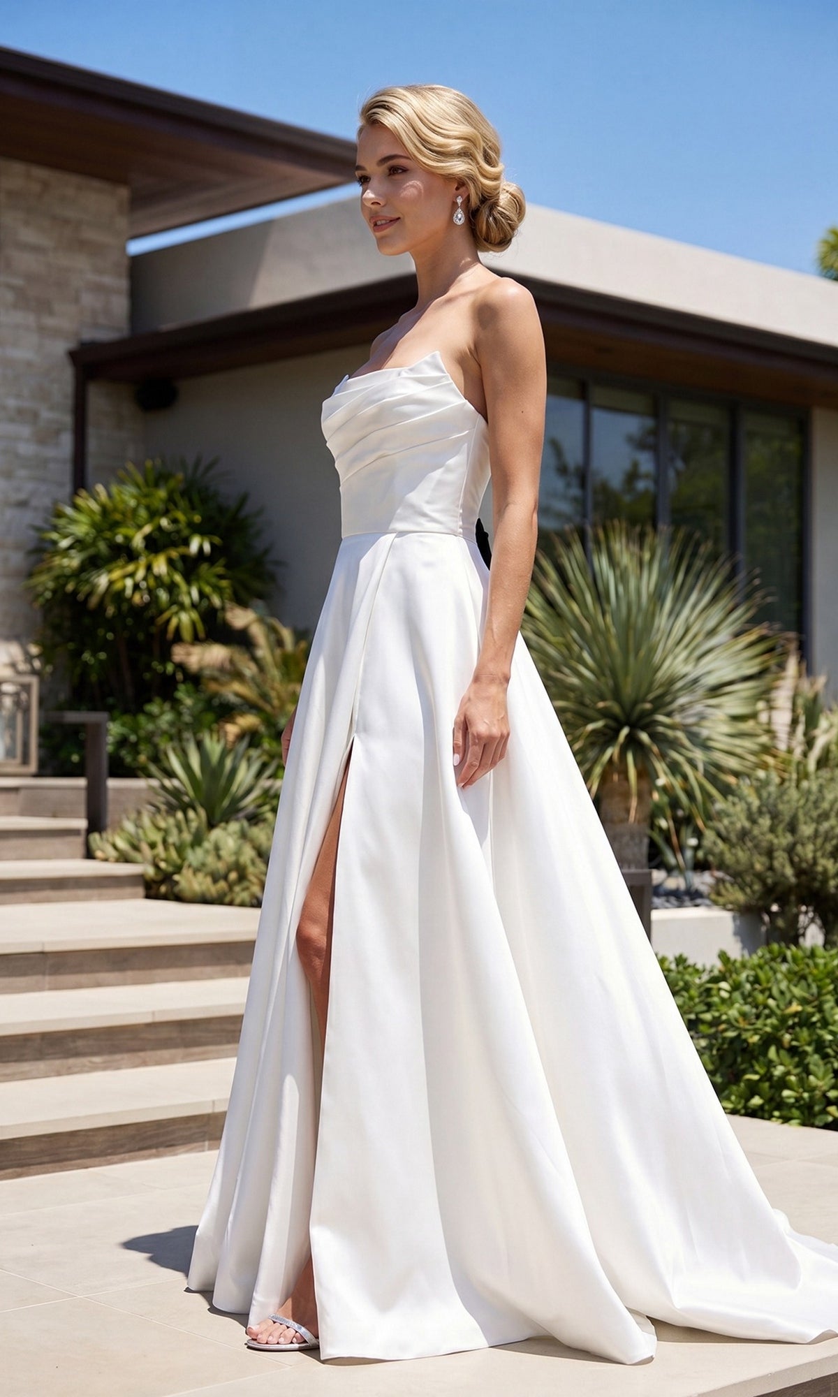 Juliet 82885C off-white strapless formal evening gown with a draped bodice, fitted waist, and a high side slit.