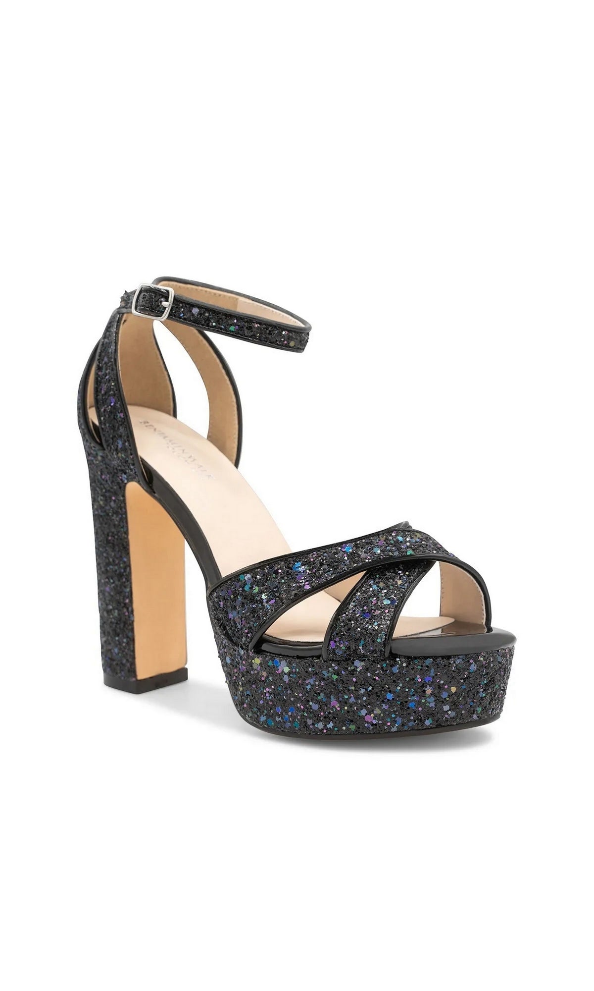 Jemma Black Platform Prom Shoes: Touch Ups 4704 black glitter platform sandal with a block heel and ankle strap.