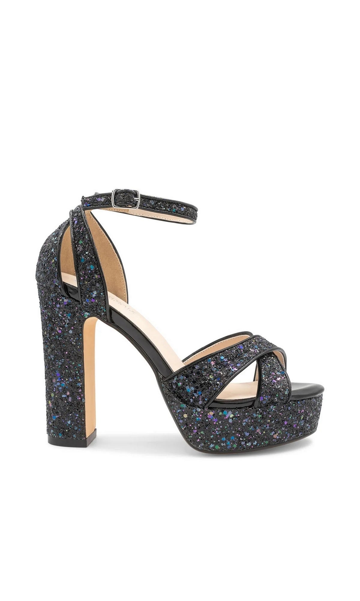Jemma Black Platform Prom Shoes: Touch Ups 4704 feature black glitter, a high platform heel, a buckled ankle strap, and crisscross toe straps.