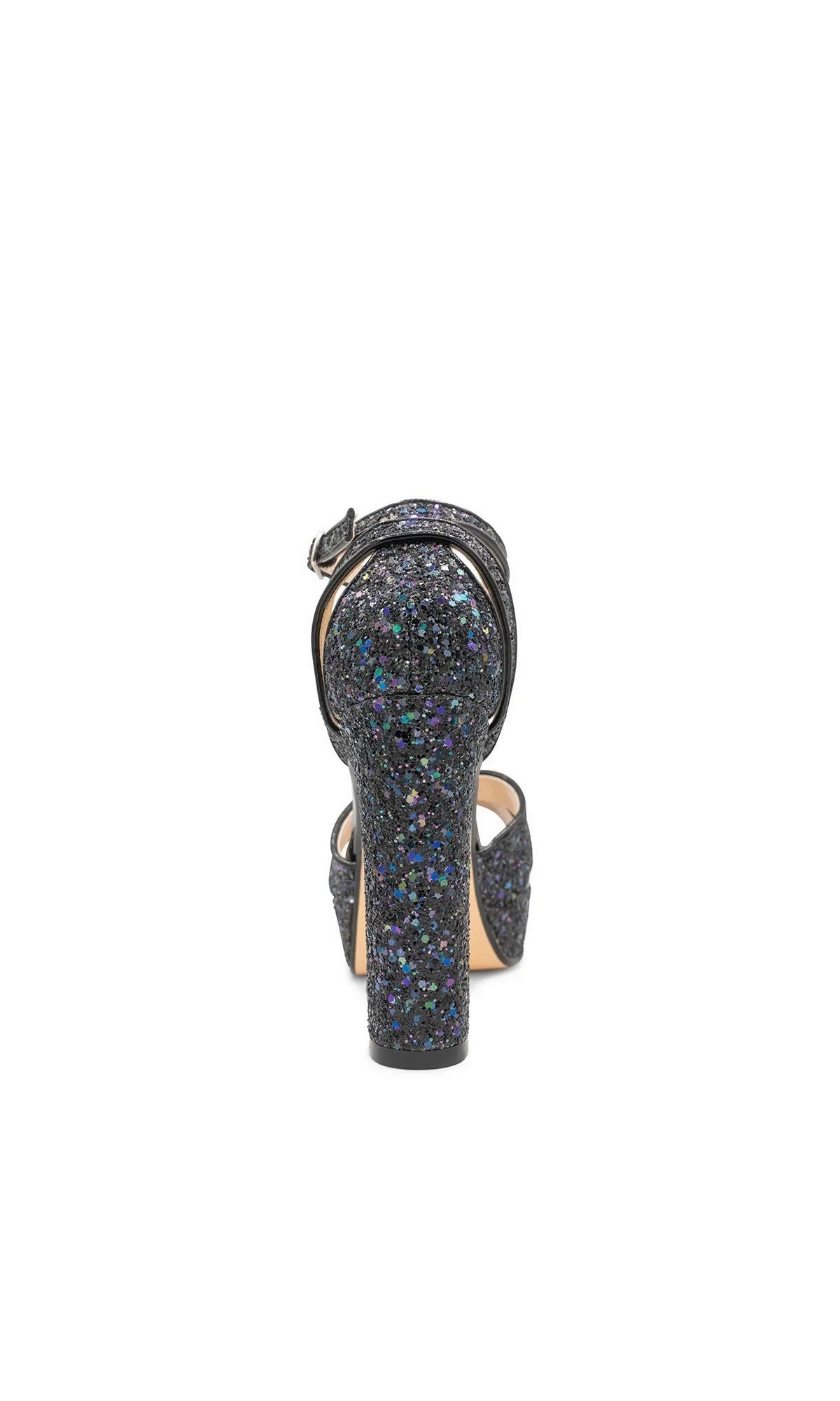Back view of Jemma Black Platform Prom Shoes: Touch Ups 4704, designed as black glitter platform high-heeled sandals with an ankle strap.
