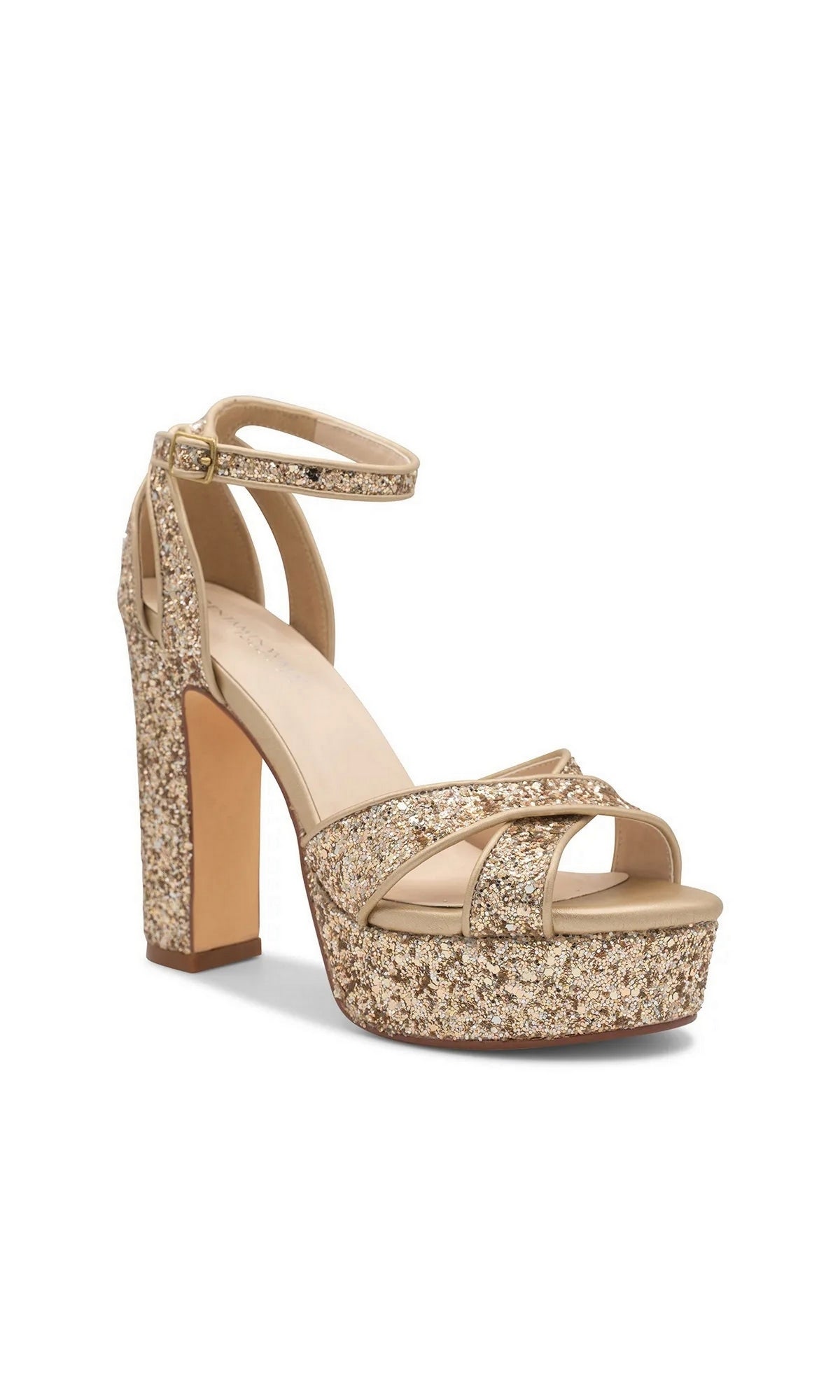 Jemma Champagne Prom Shoes: Touch Ups 4703 champagne-colored gold glitter platform sandals with a high block heel and an ankle strap.