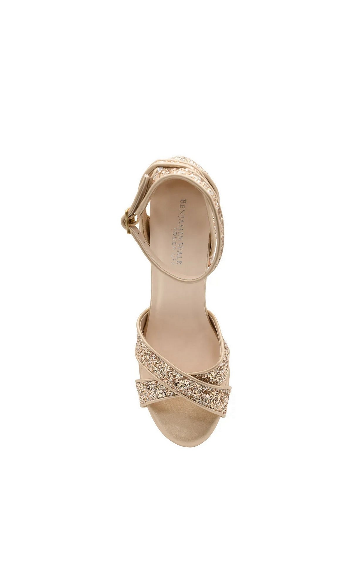 Jemma Champagne Prom Shoes: Touch Ups 4703 are champagne-colored glitter high-heeled sandals featuring crisscross front straps and an ankle strap.