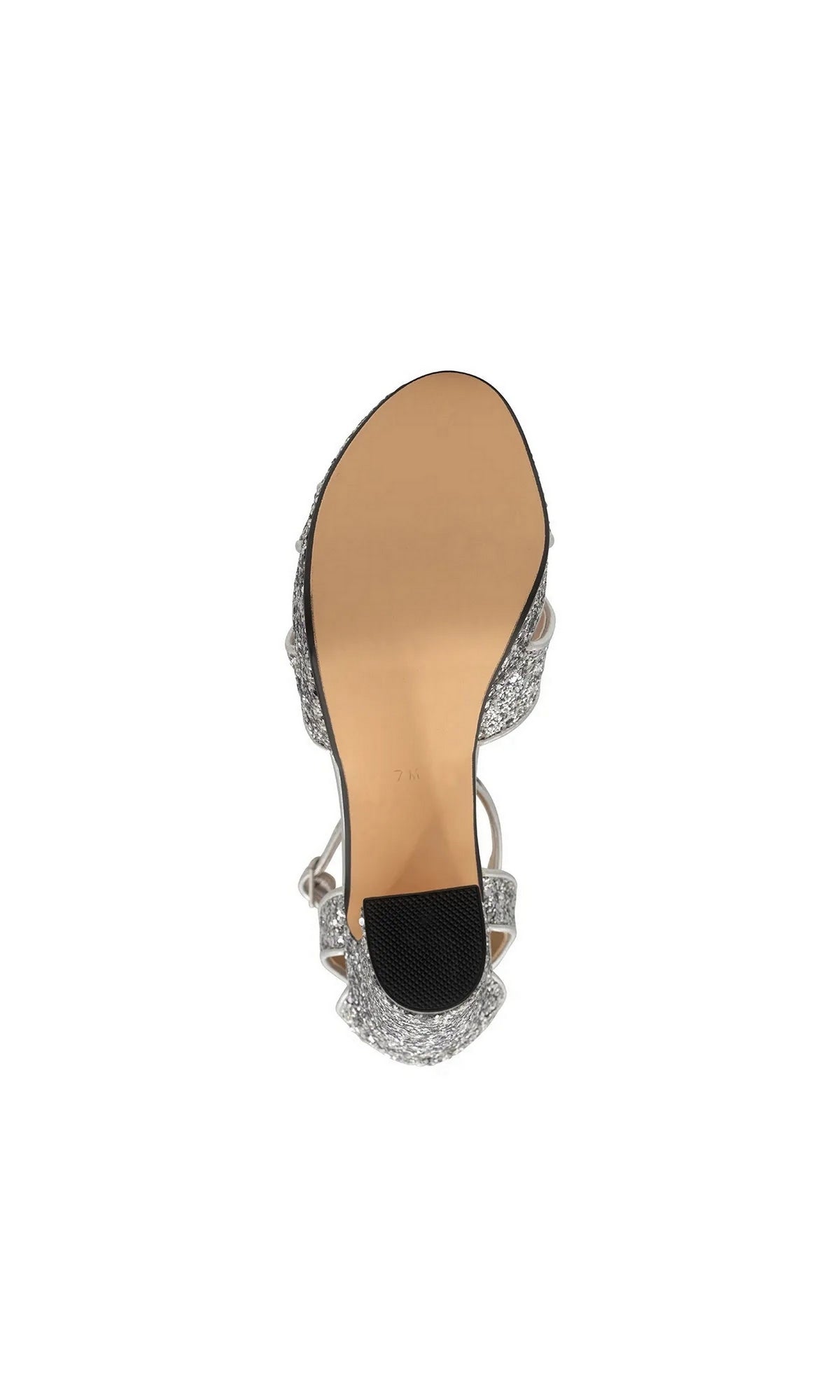 Bottom view of Jemma Silver Platform Prom Shoes: Touch Ups 4702, featuring a silver glitter block heel and an ankle strap.