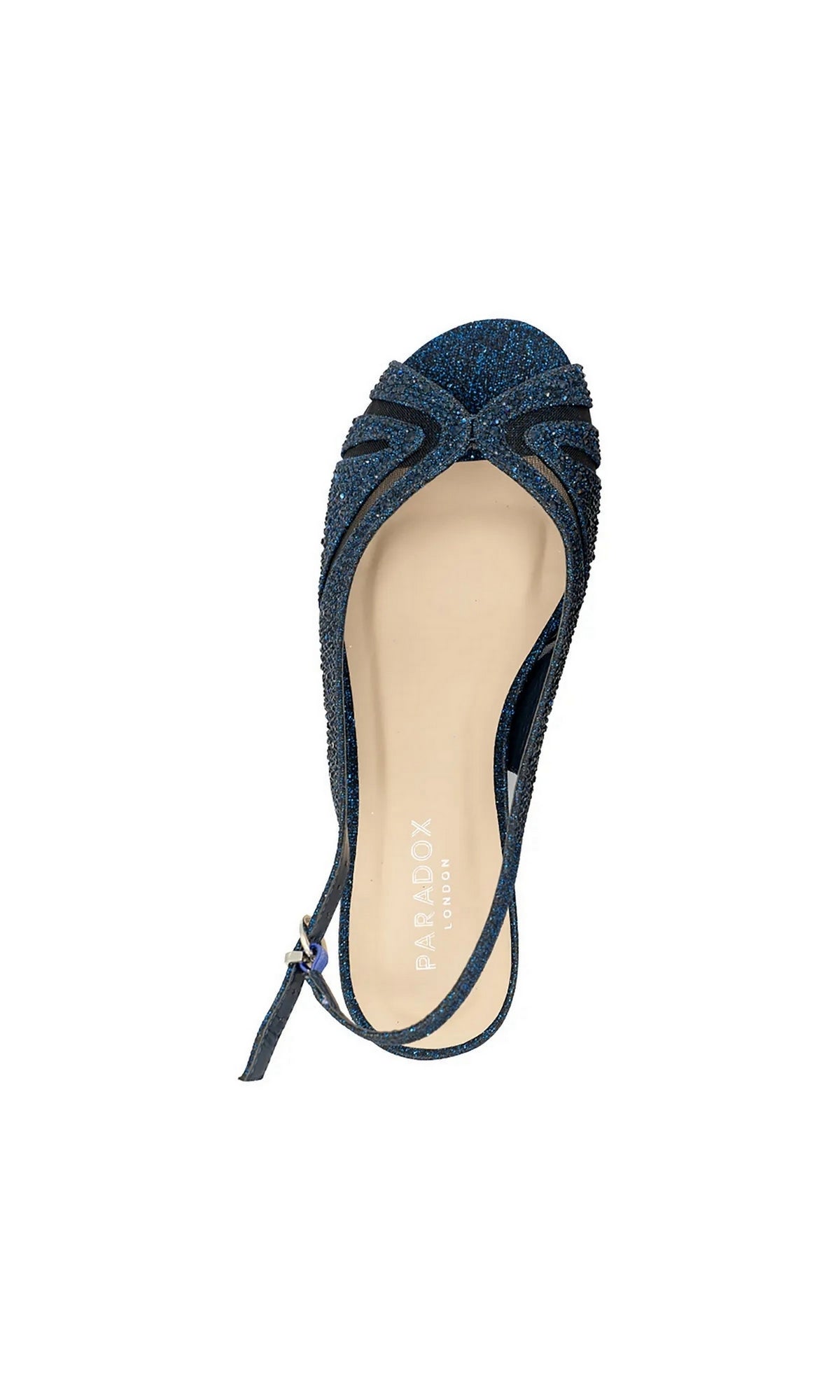 Jocelyn Navy Prom Shoes: Paradox London P2408 navy blue glitter peep-toe slingback low wedge.