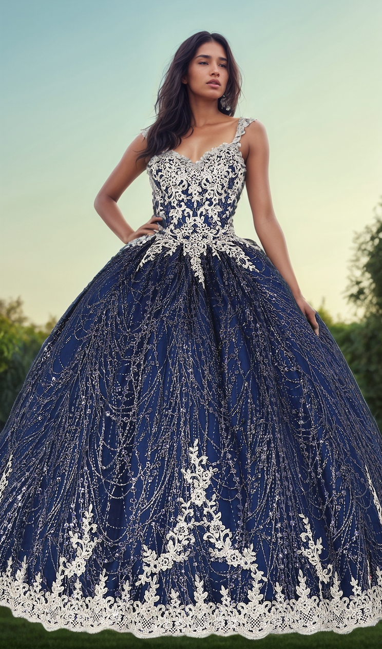 A woman stands outdoors in the Quinceanera Dress 1478 by Dancing Queen, a navy ball gown with embellished cap sleeves and a lace embroidered corset bodice, set against a clear sky and lush greenery.