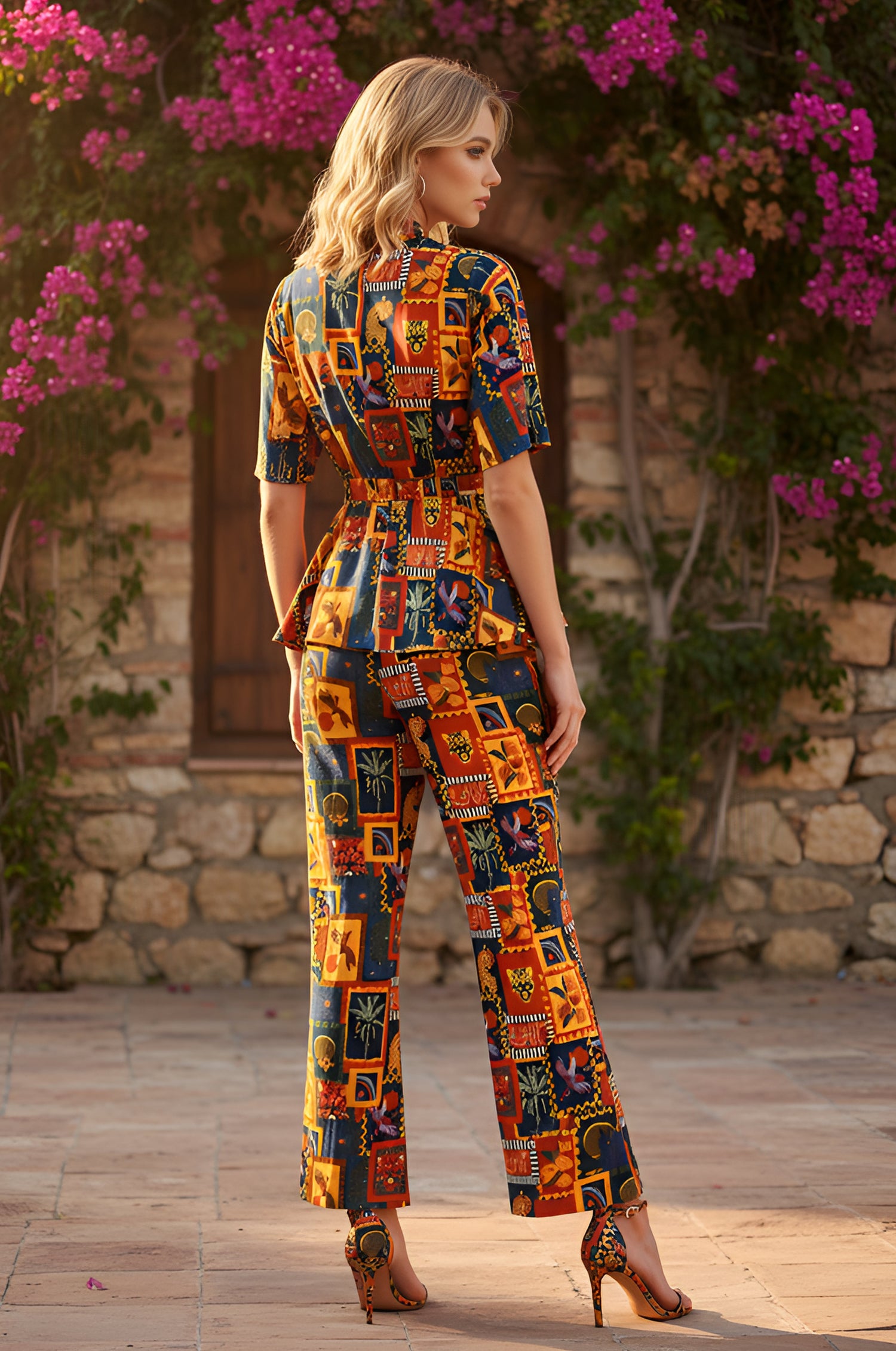 Woman standing outdoors on a stone patio, facing away, wearing the Carnival Patchwork Matching Set: Kate with heeled sandals; flowering vines and a rustic stone wall add vibrancy.
