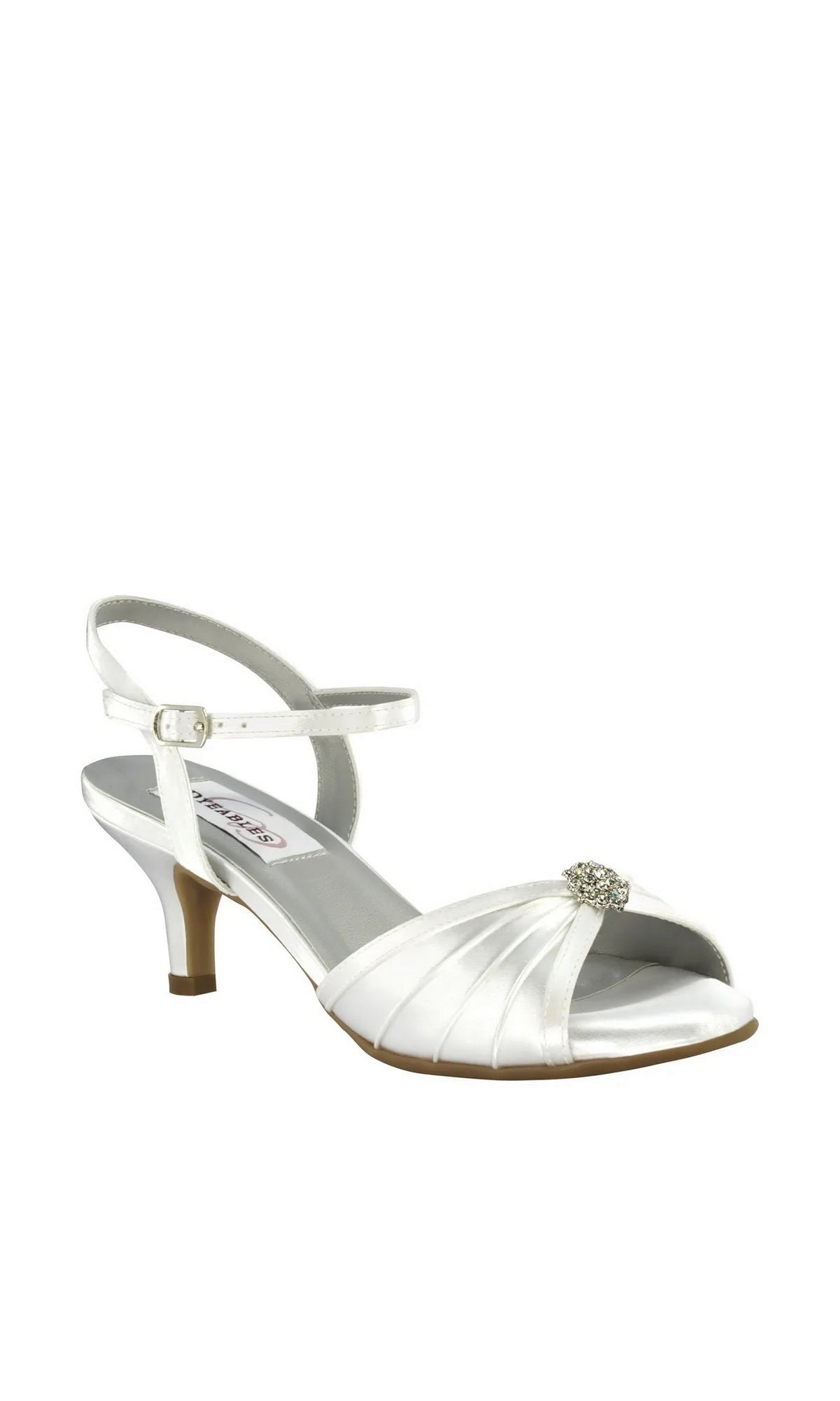 Kelsey White Prom Shoes: Dyeables 39114 white satin kitten heel sandals with a crystal-embellished peep-toe and an ankle strap.
