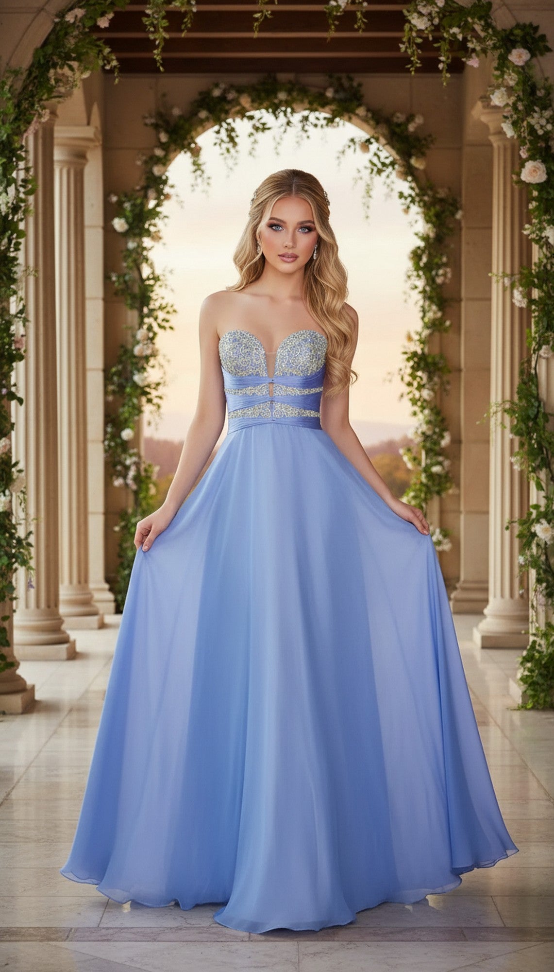 A woman in the Strapless Sweetheart La Femme Long Prom Dress 20921, featuring a beaded bodice and floor-length chiffon skirt, stands amidst ornate columns and floral arches.