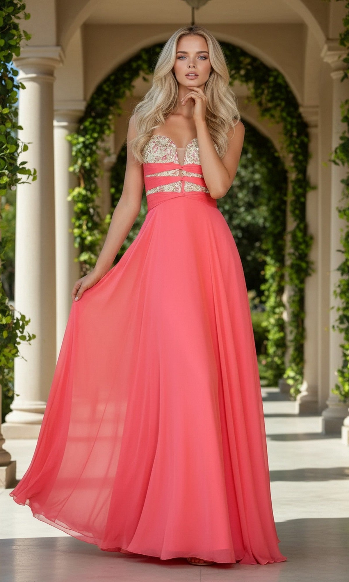 A woman wears the Strapless Sweetheart La Femme Long Prom Dress 20921, featuring a detailed lace bodice, as she stands in an arched outdoor walkway adorned with greenery.