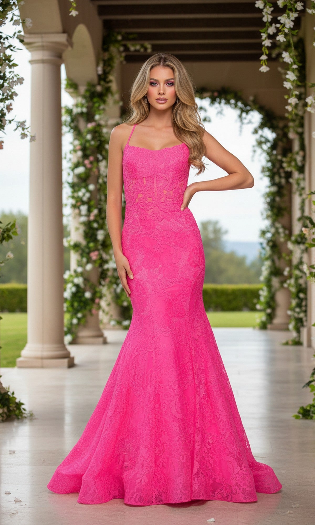 A woman stands outdoors under a pergola, wearing the Backless La Femme Long Neon Pink Mermaid Prom Gown with thin straps and a fitted lace silhouette.