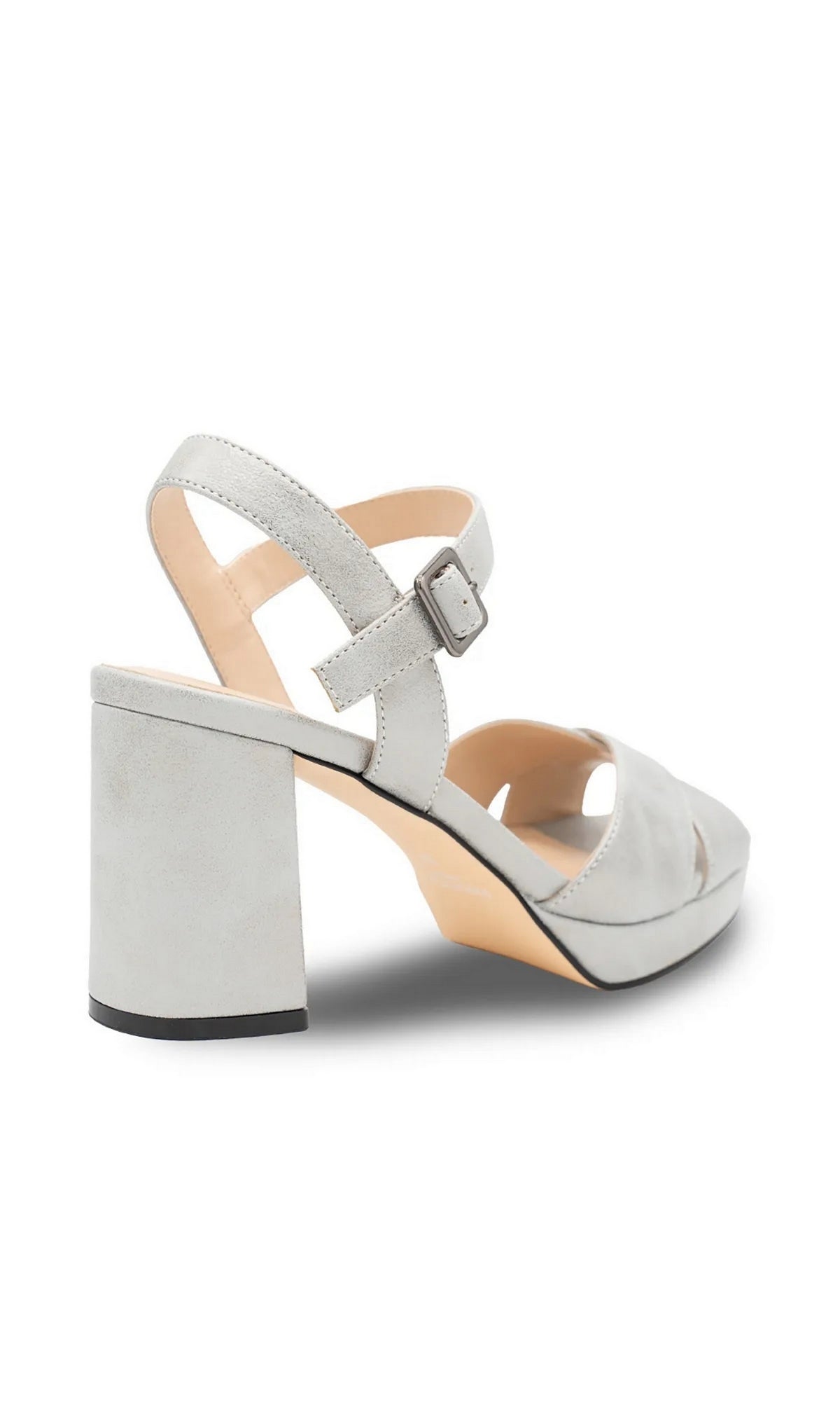 Landon Silver Prom Shoes: Paradox London P2314, a silver high-heeled sandal with a block heel, adjustable ankle strap, and glitter finish.