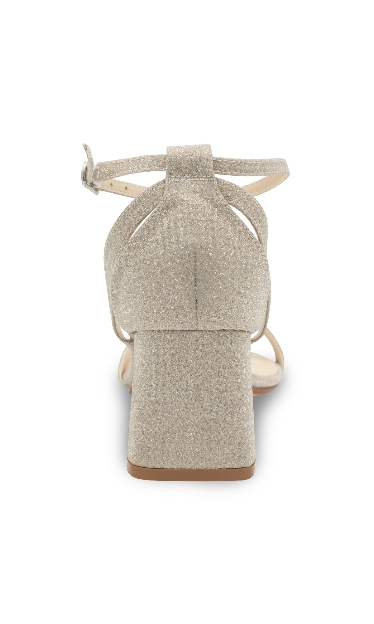 Rear view of Lilibet Champagne Prom Shoes: Touch Ups 4670, a beige glitter block-heel sandal with ankle strap and buckle, perfect as low-heel prom shoes, set against a plain white background.