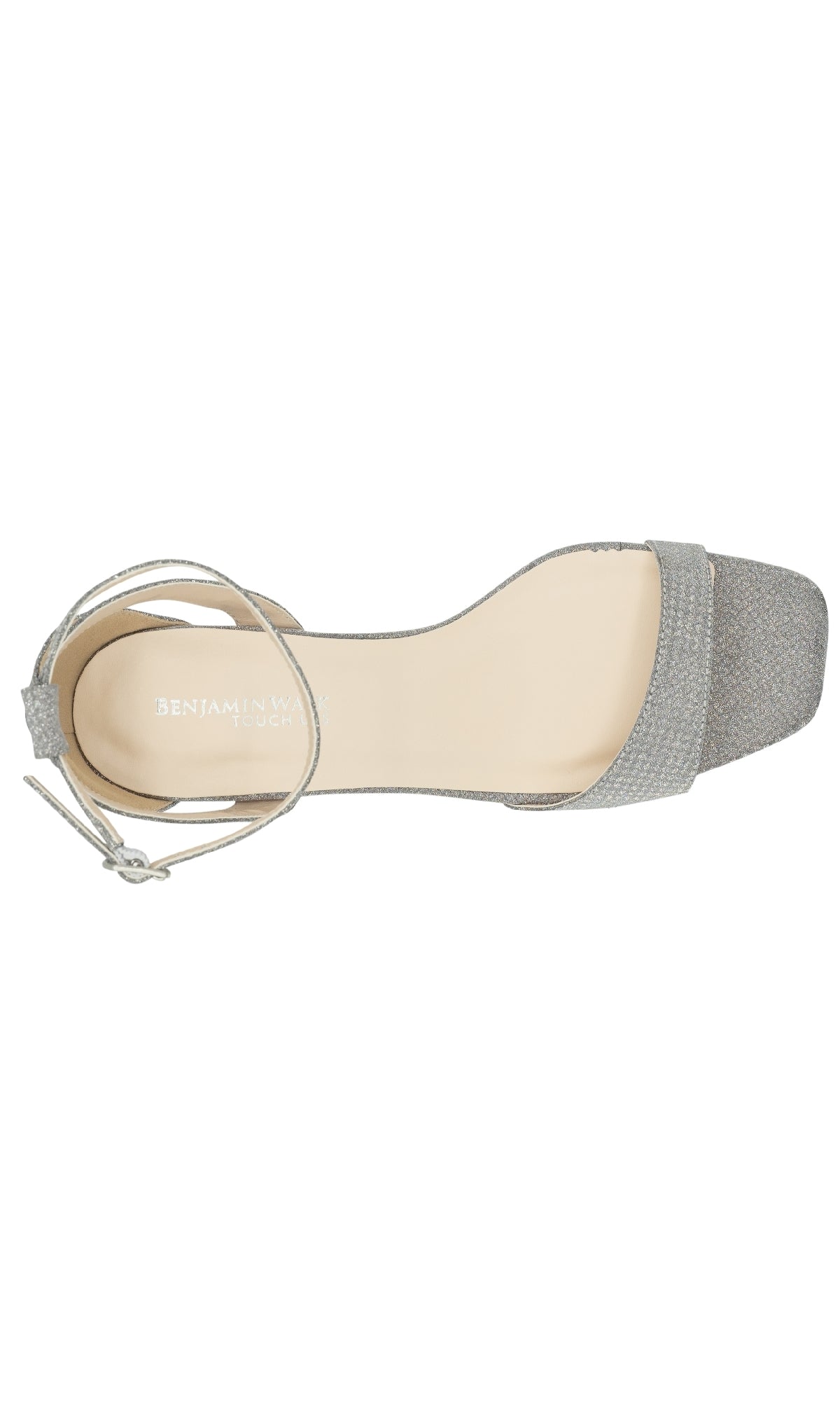 Top view of the Lilibet Silver Prom Shoes: Touch Ups 4671—a women's glitter prom sandal with square toe, ankle strap, and buckle closure. Ideal as wide width prom shoes for a glamorous night.