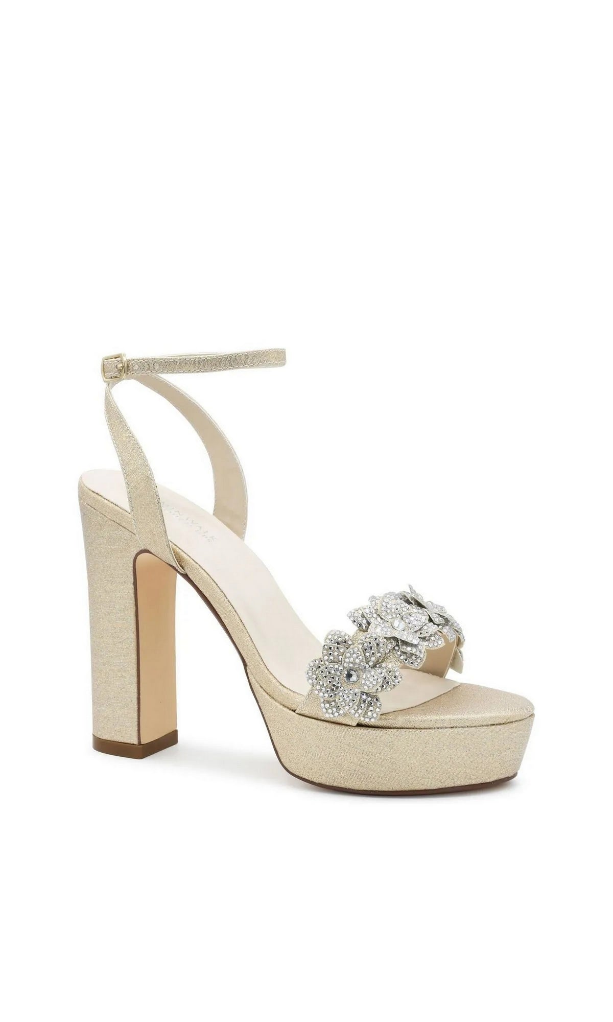 Lily Champagne Platform Prom Shoes: Touch Ups 4709 are champagne block heel platform sandals with an ankle strap and a cluster of jeweled flowers on the toe strap.