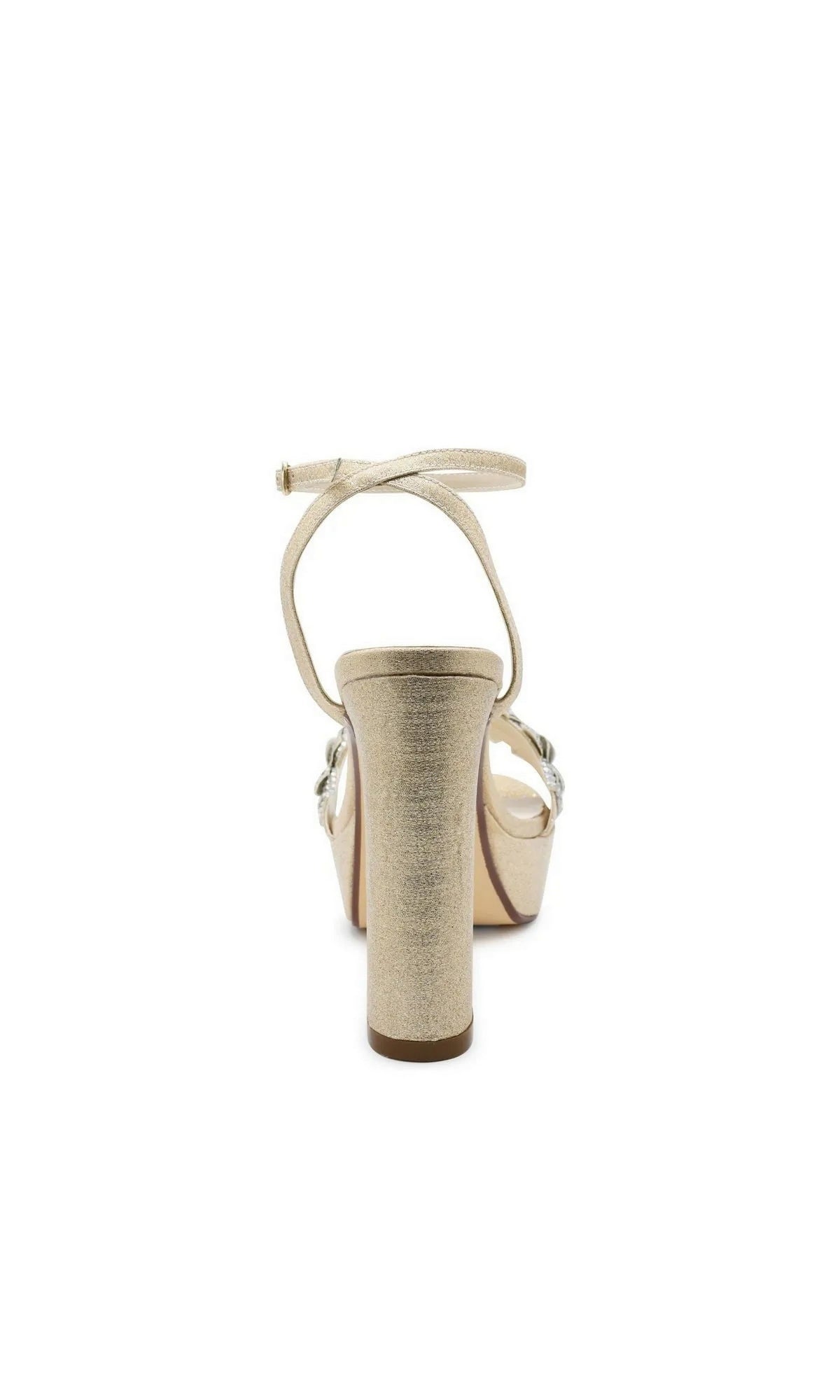 Back view of Lily Champagne Platform Prom Shoes: Touch Ups 4709, a champagne-colored platform sandal with a jeweled flower, a block heel, and an ankle strap.
