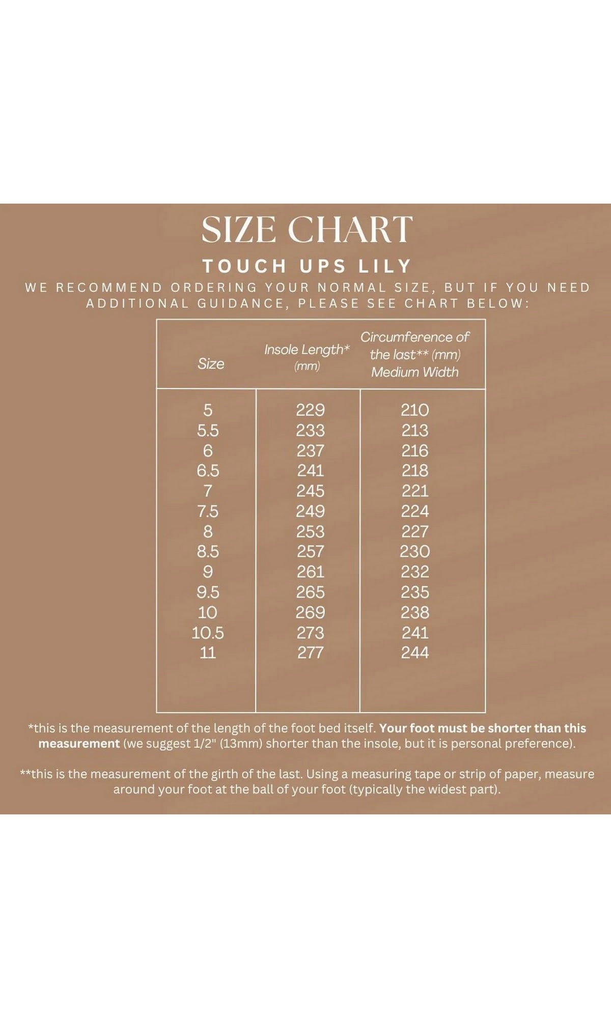Size chart for Lily Champagne Platform Prom Shoes: Touch Ups 4709, showing sizes 5 through 11 with corresponding insole lengths in millimeters and circumference measurements.