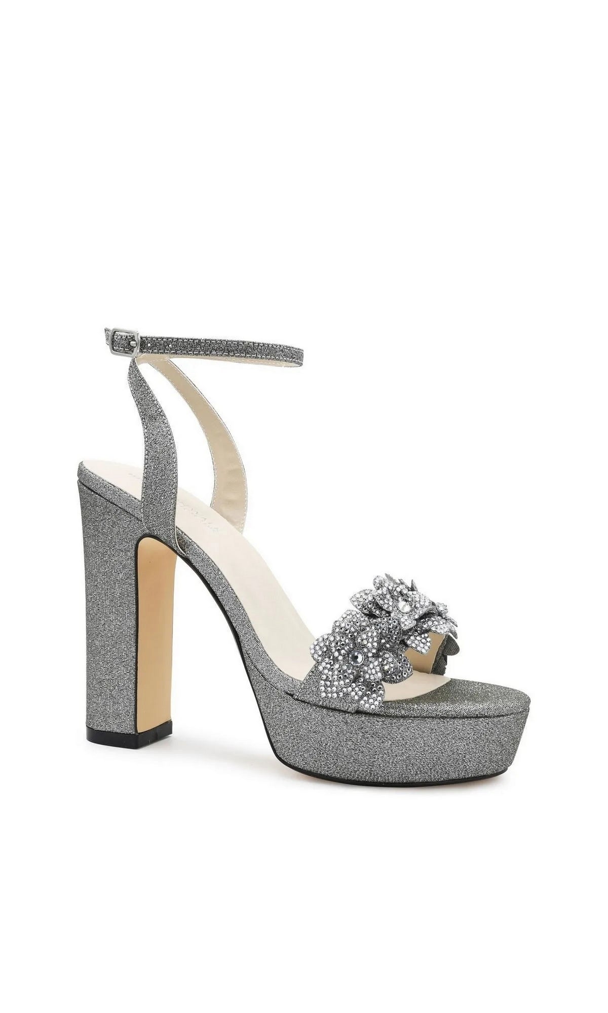 Lily Pewter Platform Prom Shoes: Touch Ups 4710 pewter glitter platform sandal with an ankle strap and a rhinestone-embellished flower on the toe.