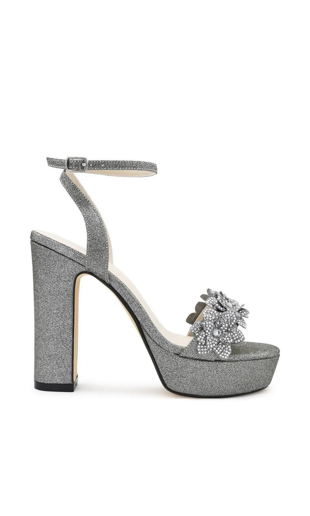 Lily Pewter Platform Prom Shoes: Touch Ups 4710 silver glitter platform high heel sandals with an ankle strap and a rhinestone flower embellishment on the toe.