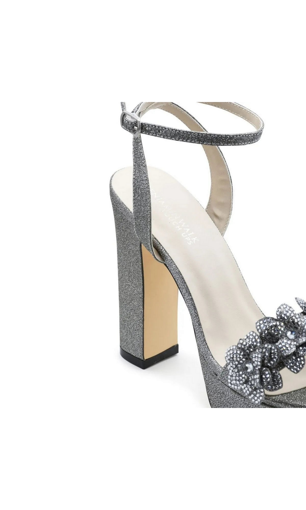 Lily Pewter Platform Prom Shoes: Touch Ups 4710 are silver glitter platform high-heeled sandals featuring an ankle strap and a rhinestone flower.