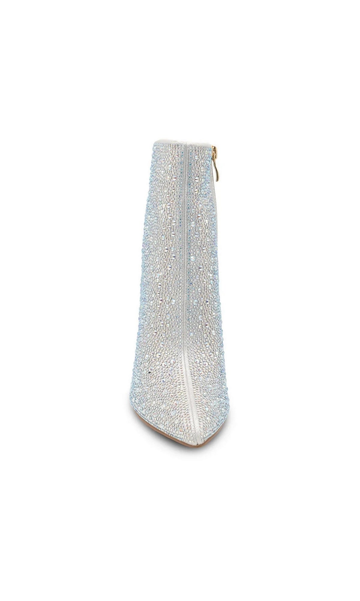 Luca Silver Zip Bootie Prom Shoes: Touch Ups 4688, featuring pointed-toe rhinestone ankle booties covered in silver crystals with a side zipper.