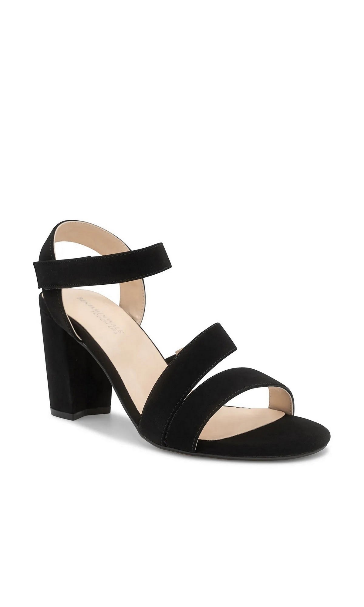 Lucille Black Prom Shoes: Touch Ups 4697 black block-heeled sandals with an ankle strap and two toe straps, perfect as strappy prom shoes.