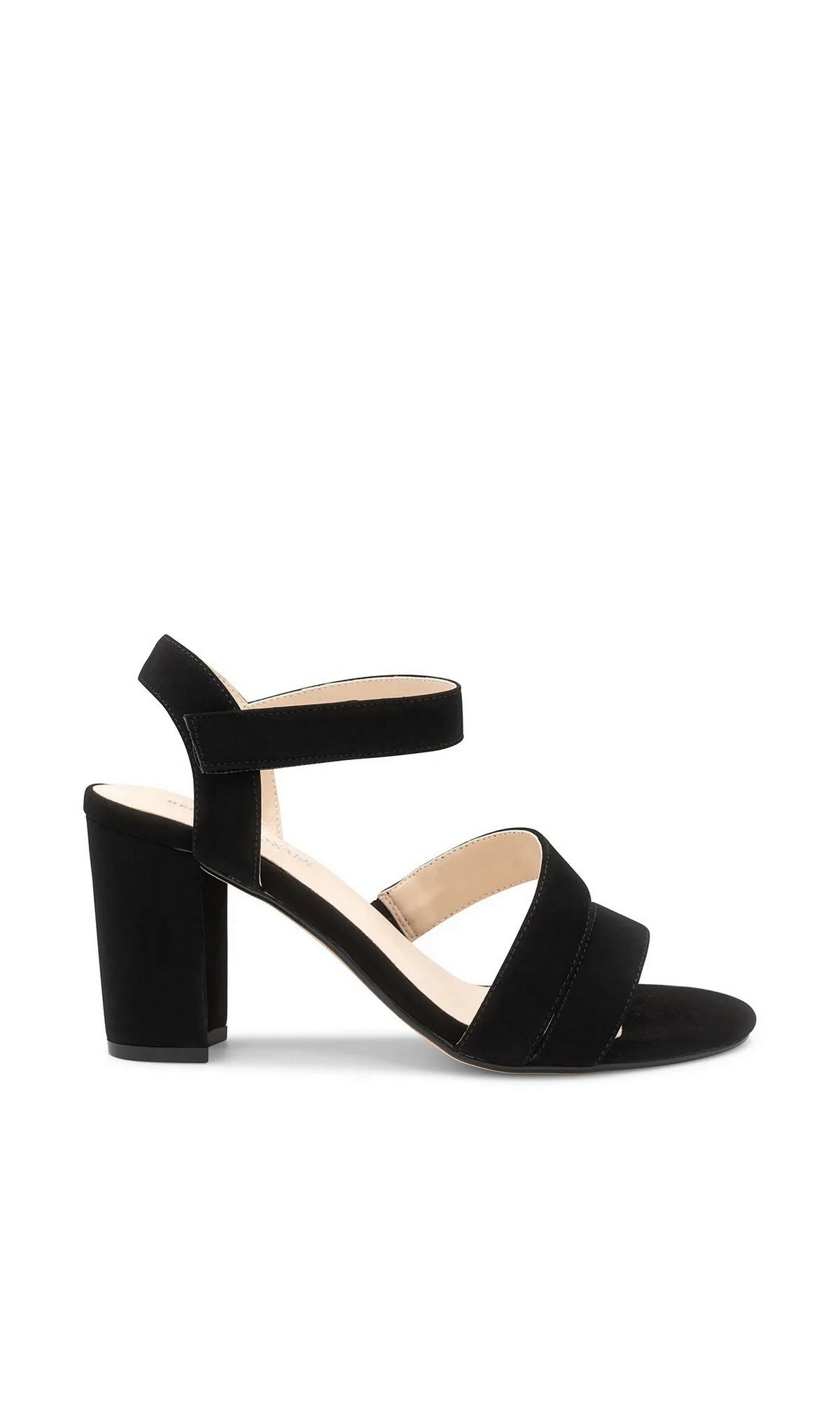 Lucille Black Prom Shoes: Touch Ups 4697 black strappy block-heel sandals with an ankle strap and open toe.