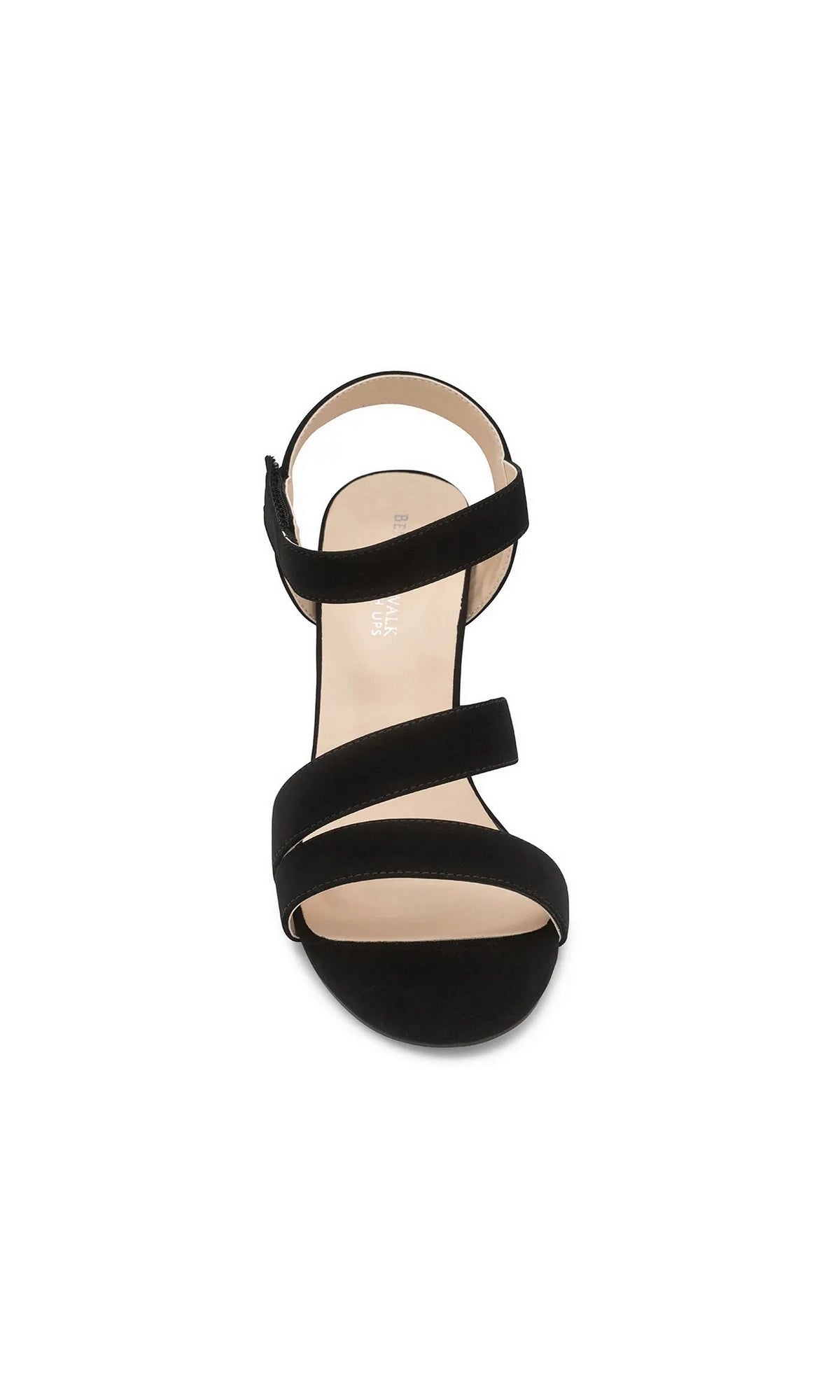 Lucille Black Prom Shoes: Touch Ups 4697 are black strappy block heel sandals with an open toe, two front straps, and an ankle strap with a side closure.
