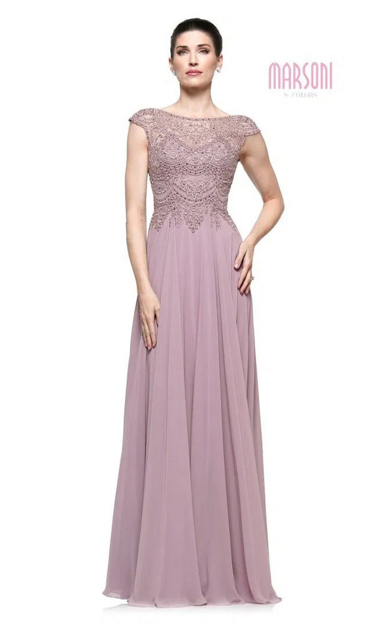 A woman models the Marsoni M238 long formal dress in mauve, featuring cap sleeves, an embroidered bodice, and a flowing chiffon skirt, standing against a plain white background.