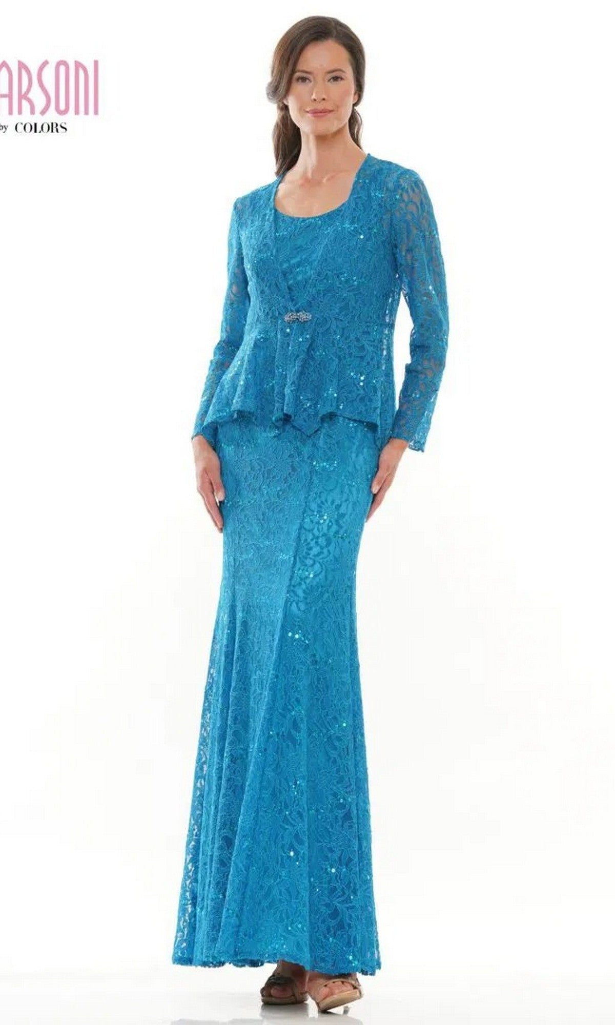 A woman radiates elegance in the Marsoni M301, a long formal dress in Caribbean Blue with a sleeveless lace design.