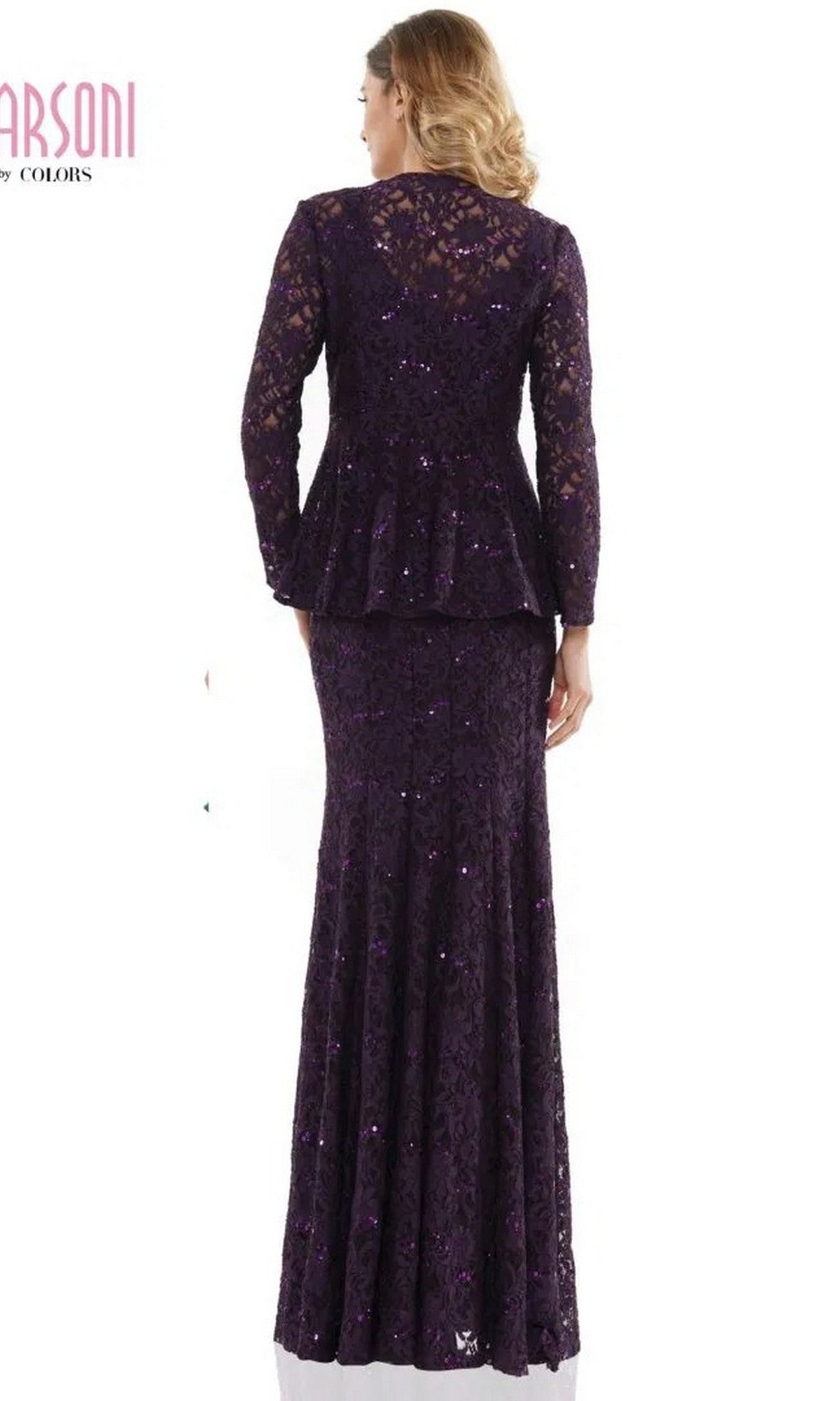Woman modeling the Marsoni M301 long formal dress, a dark purple sleeveless lace evening gown with sequins, fitted bodice, and flared skirt, shown from the back.