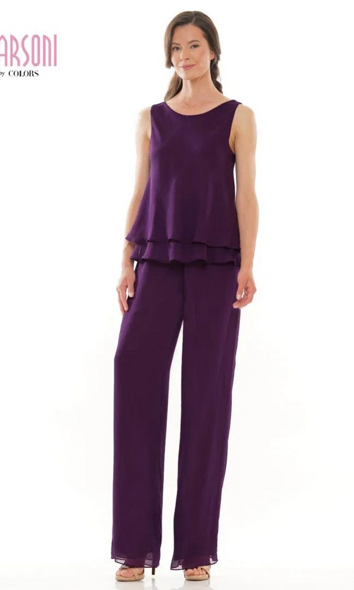 A woman models the Marsoni M304 Long Formal Pantsuit—sleeveless with a layered purple chiffon top and matching wide-leg pants—paired with beige heels, set against a plain white background.