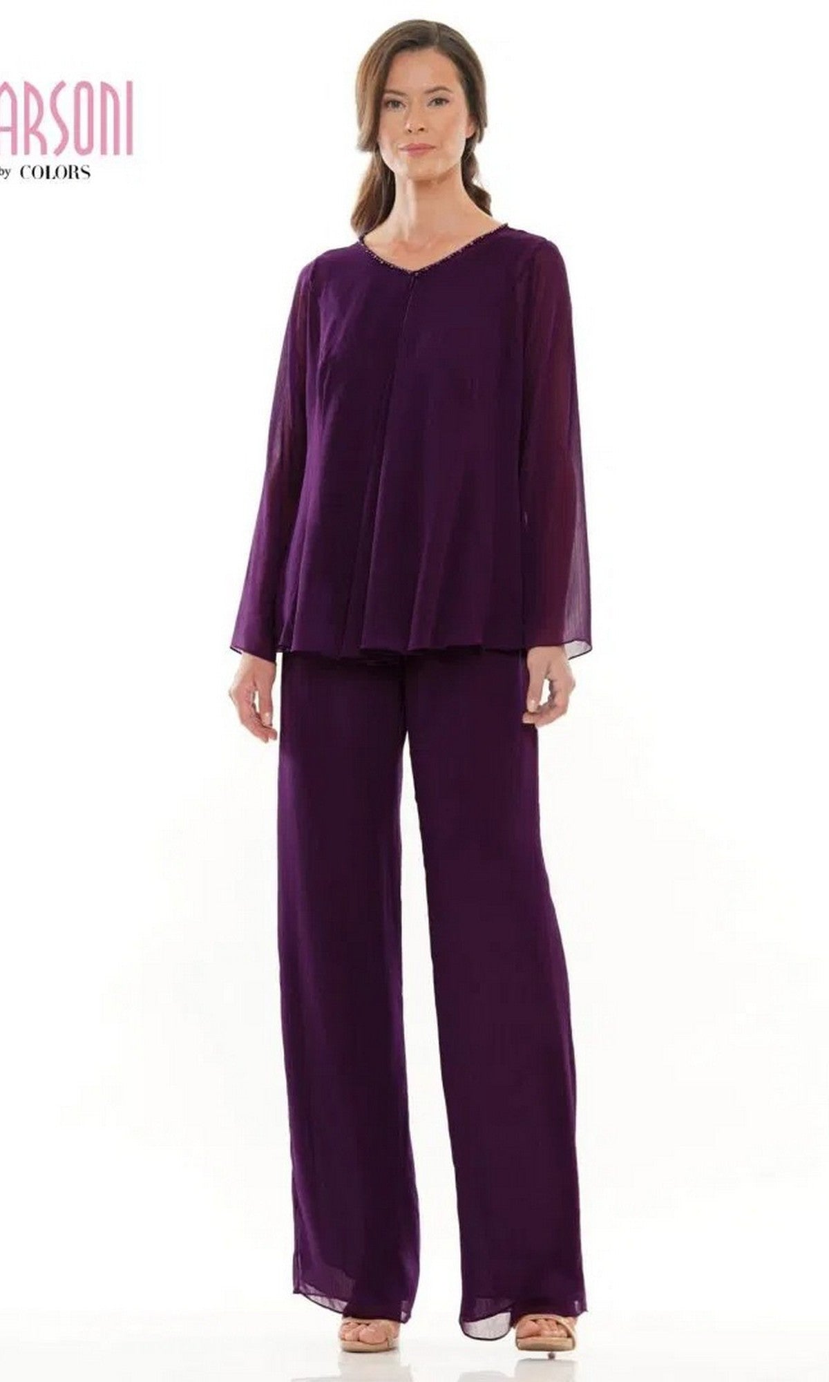 Woman models the Marsoni M304 Long Formal Pantsuit in eggplant, featuring loose-fitting long sleeves and matching wide-leg chiffon pants, set against a plain white background.
