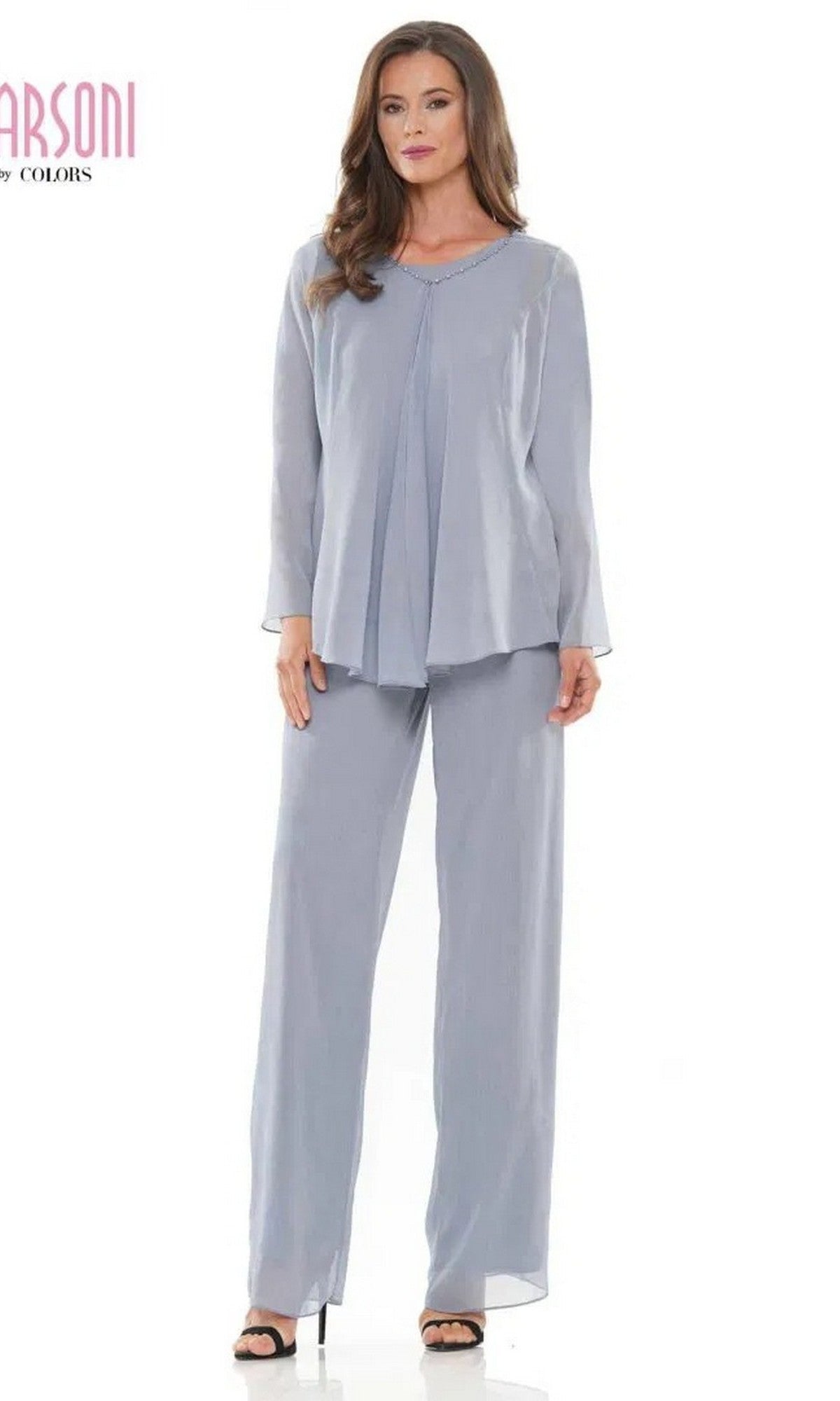 A woman stands against a white background wearing the Marsoni M304 Long Formal Pantsuit in Heather with matching wide-leg pants and black open-toe heels.