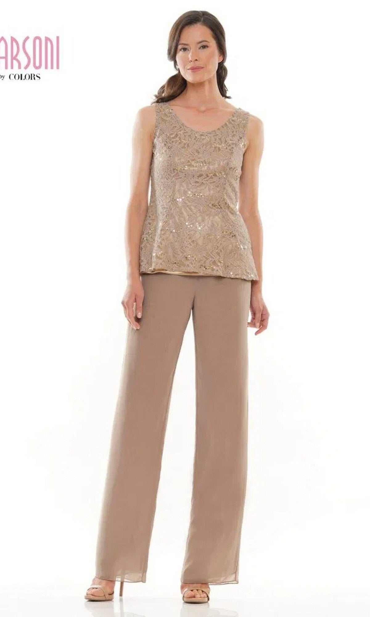 A woman stands wearing the Marsoni M305 Long Formal Pantsuit, featuring a sleeveless sequined beige top and matching chiffon pants with open-toe heels, against a white background.