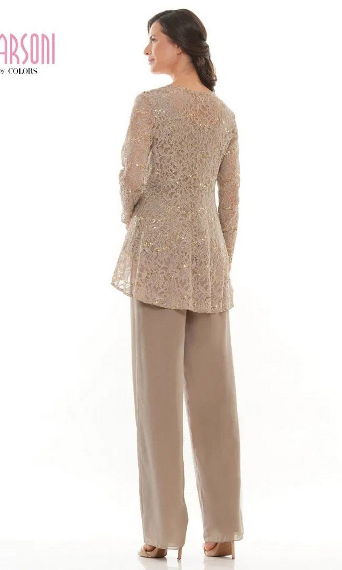 A woman poses in the Marsoni M305 long formal pantsuit—a beige lace jacket layered over a tunic and matching chiffon pants with heels—against a white background.