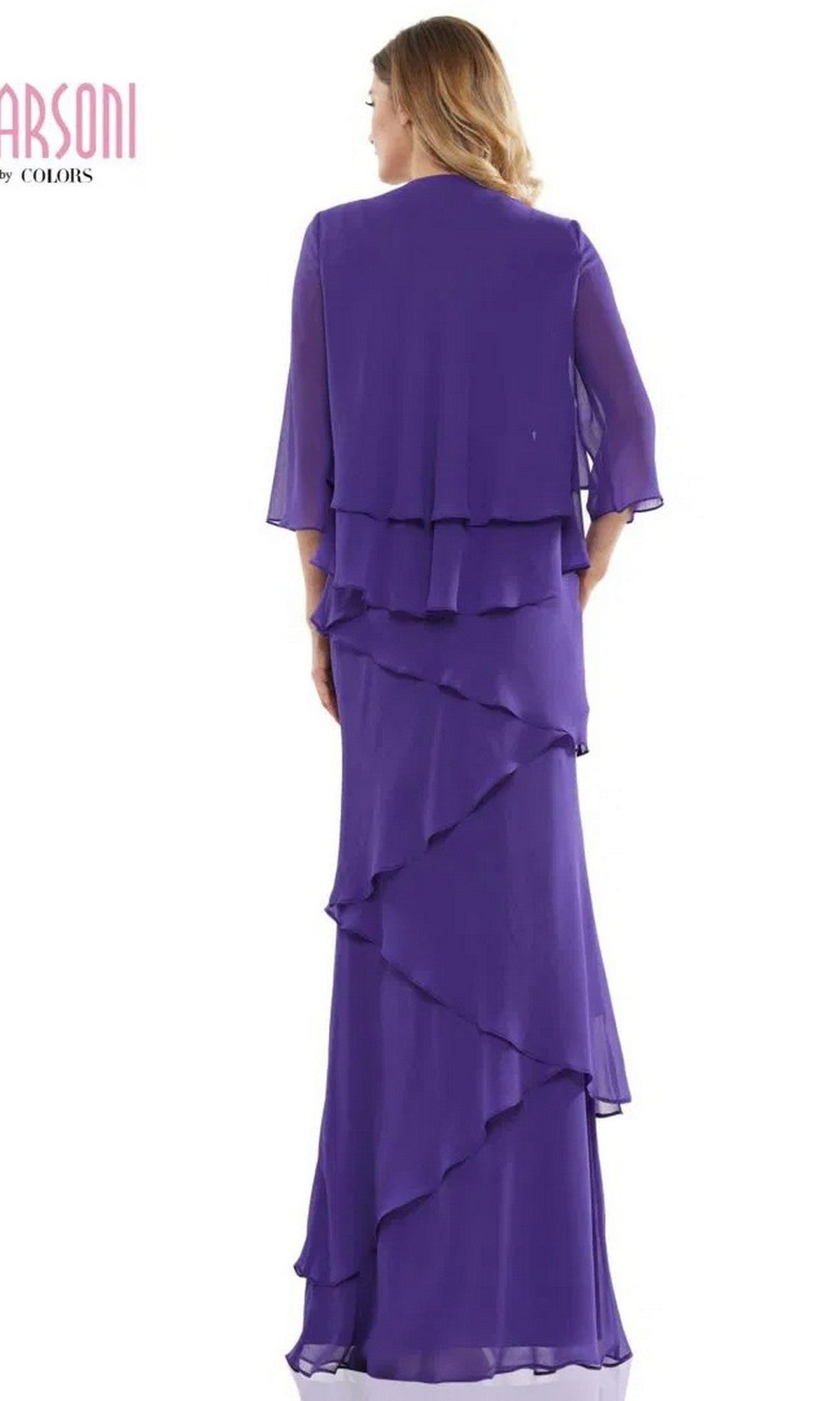 A woman is shown from the back wearing the Marsoni M309, a floor-length purple chiffon formal dress with layered details and a matching jacket.
